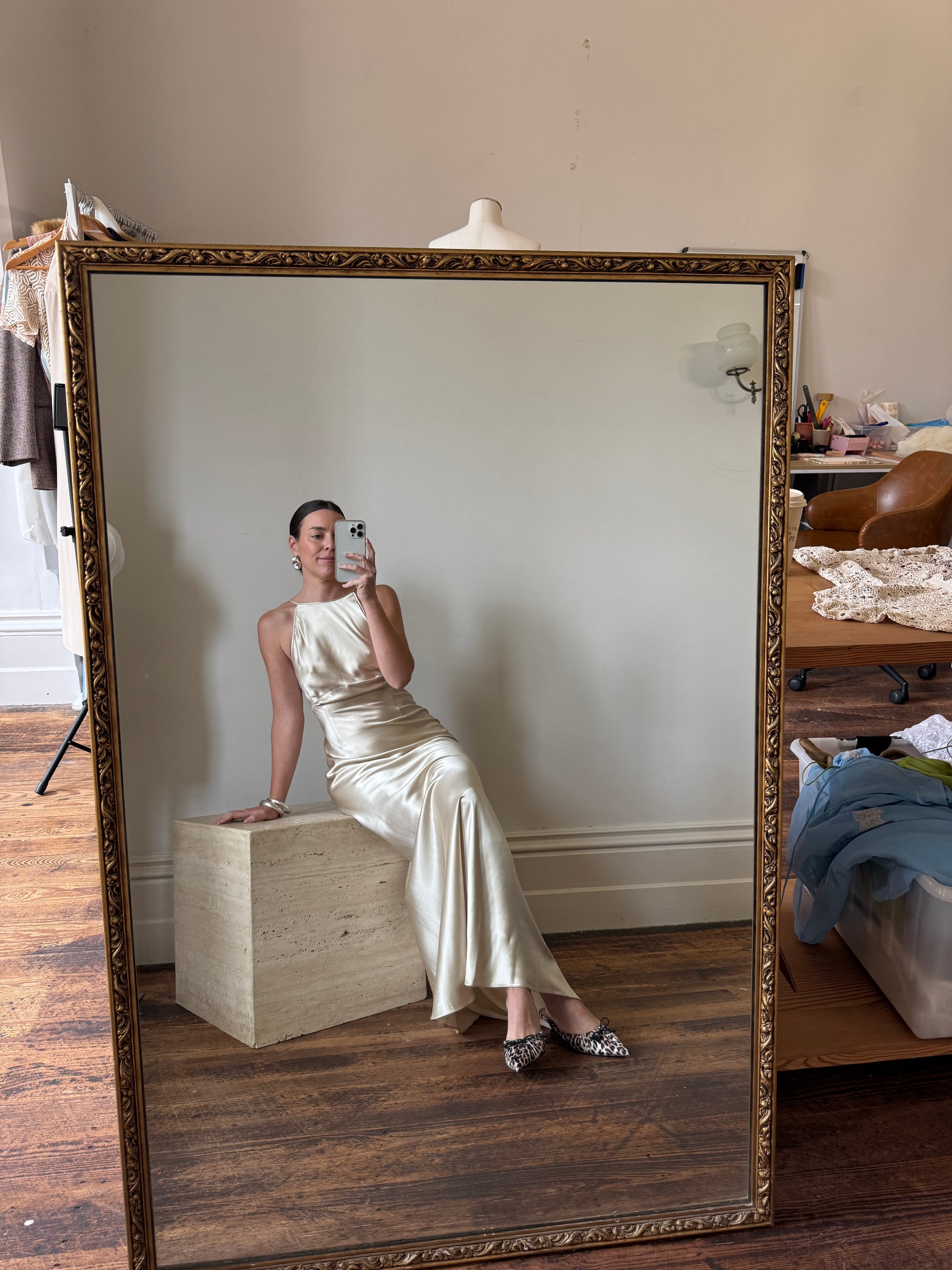 Vintage 90s Plein Sud Champagne Satin Halter Gown