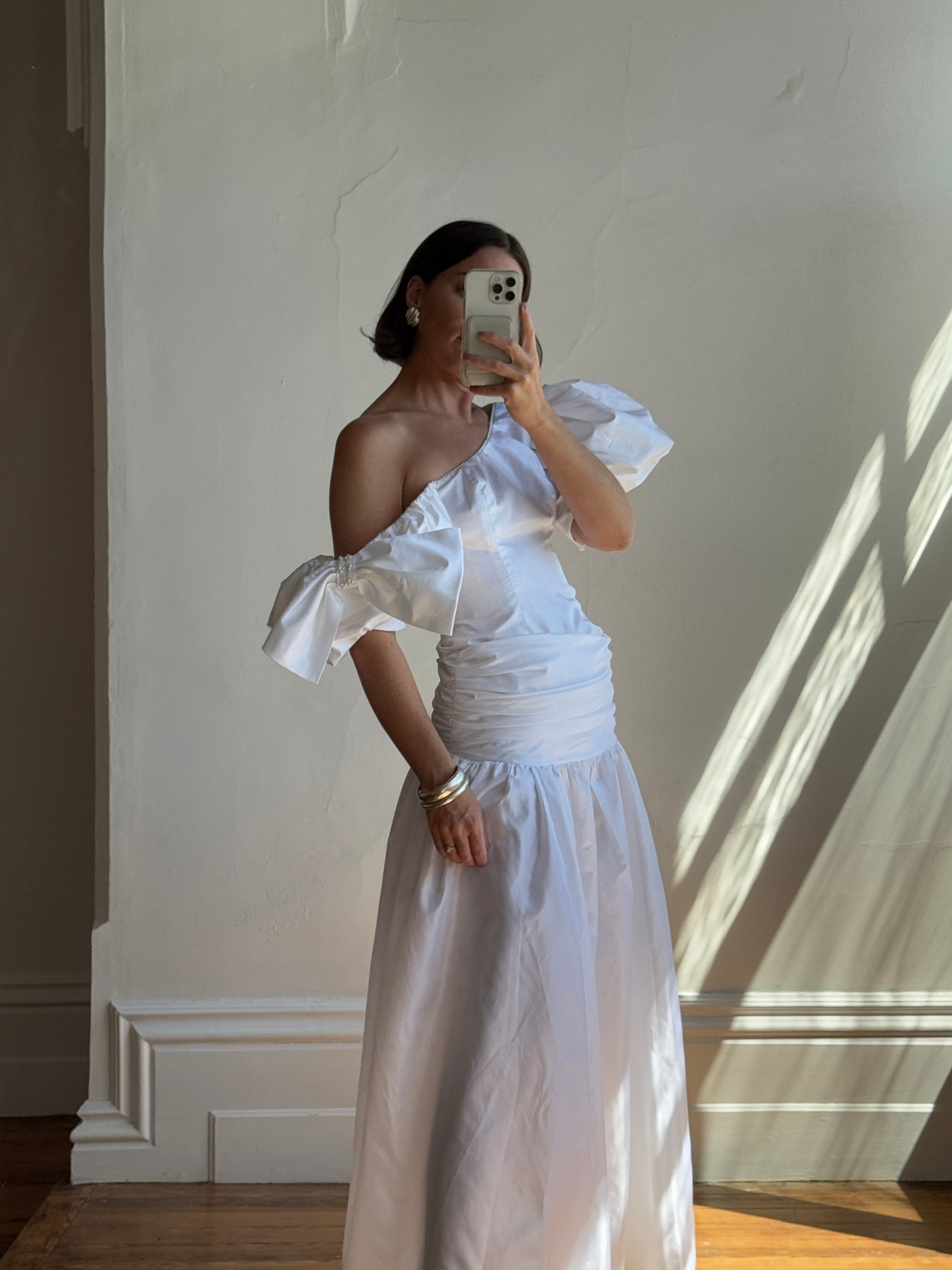 Vintage 80s Asymmetrical Taffeta Drop Waist Wedding Dress – Call Me The Breeze