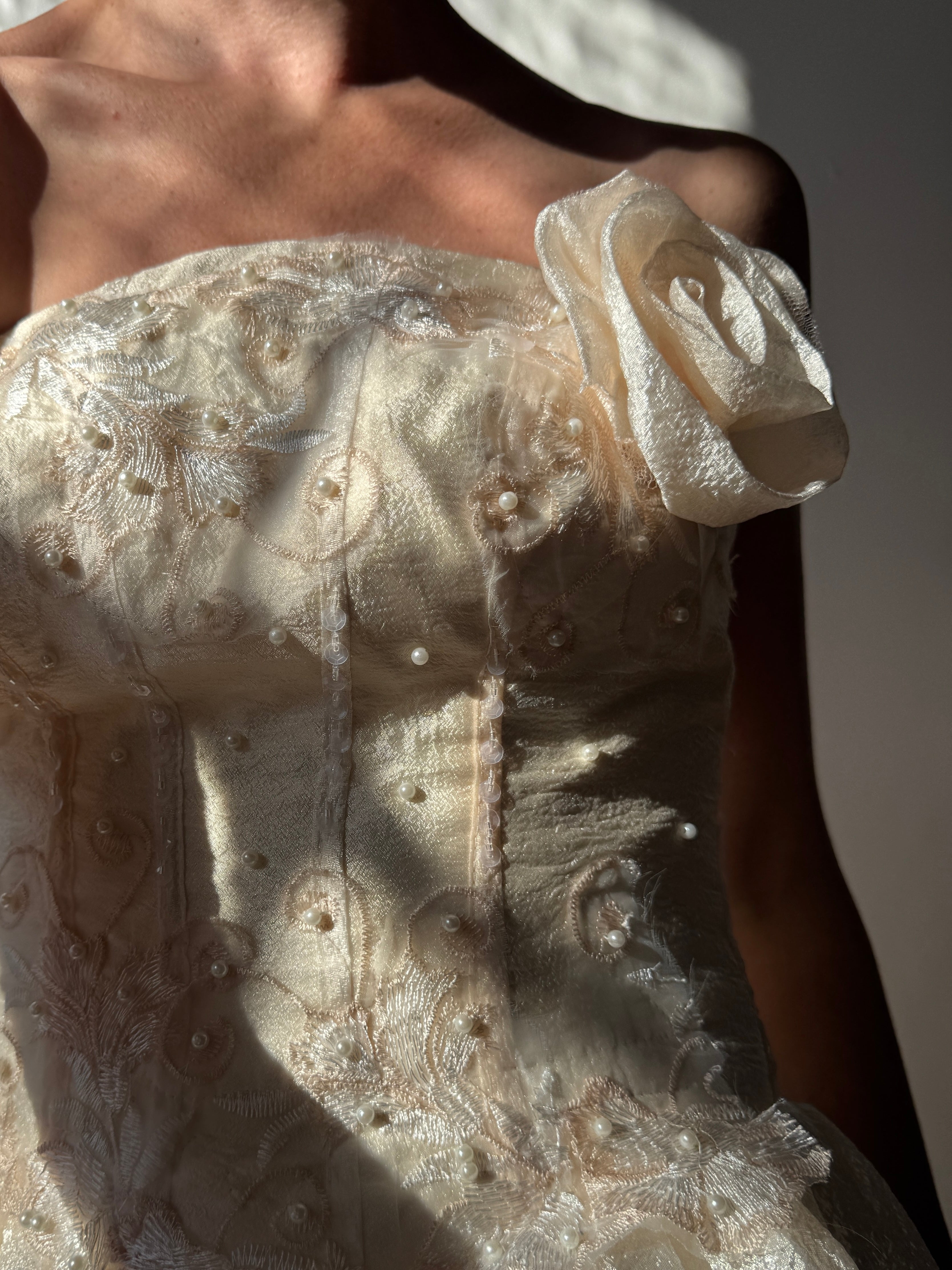 Vintage 90s Strapless Rosette Bubble Wedding Gown Peachy Creme