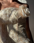 Vintage 90s Strapless Rosette Bubble Wedding Gown Peachy Creme
