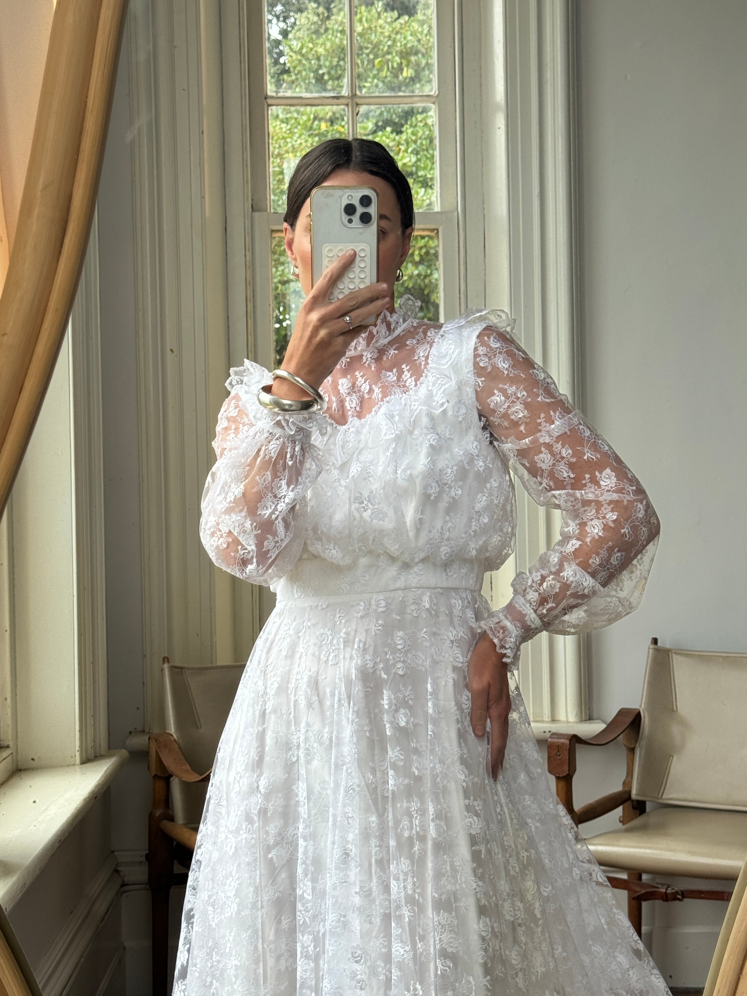 Vintage 70s Lace Prairie Wedding Gown White