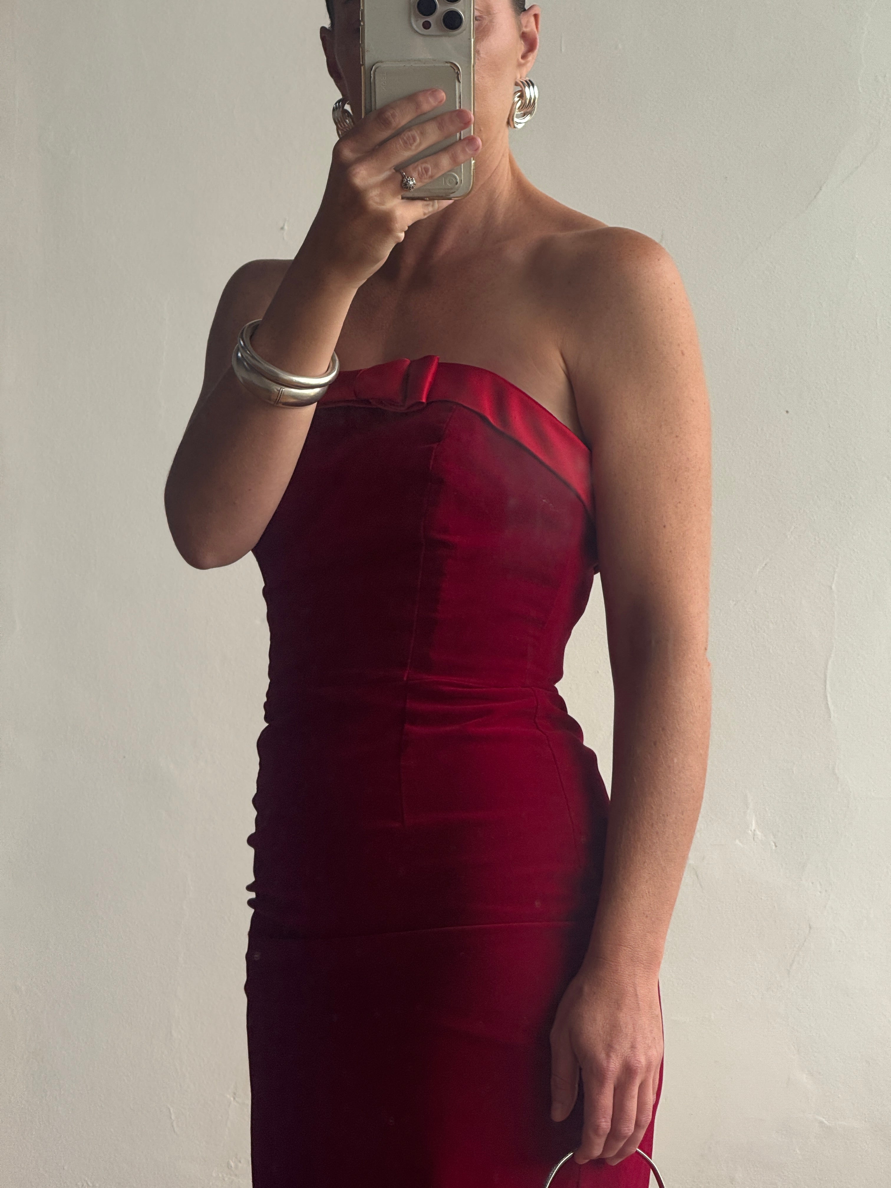 Vintage 90s Red Velvet Strapless Midi Dress with Bow