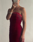 Vintage 90s Red Velvet Strapless Midi Dress with Bow