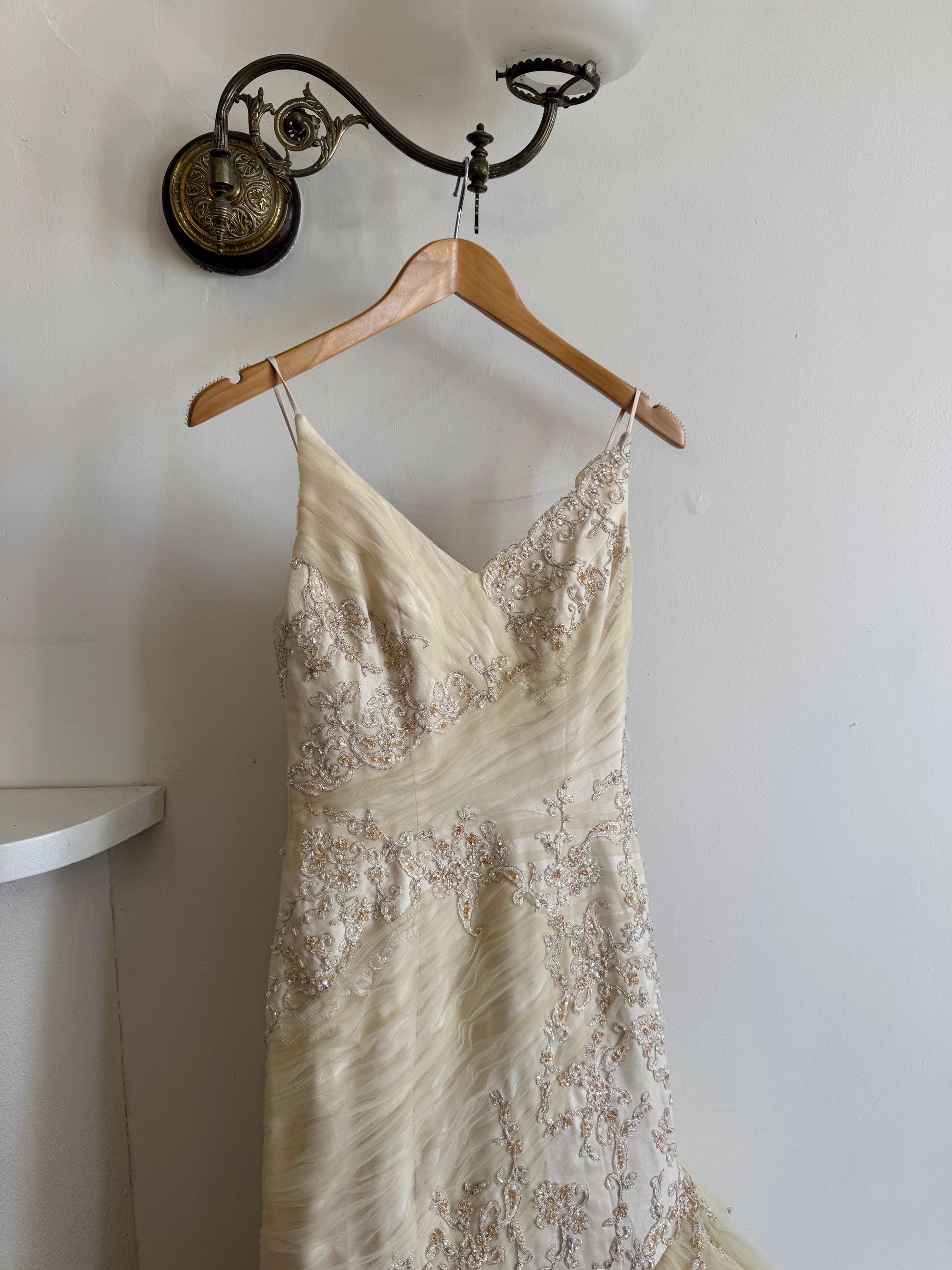 Vintage 90s Fishtail Beaded Tulle Wedding Gown Champagne