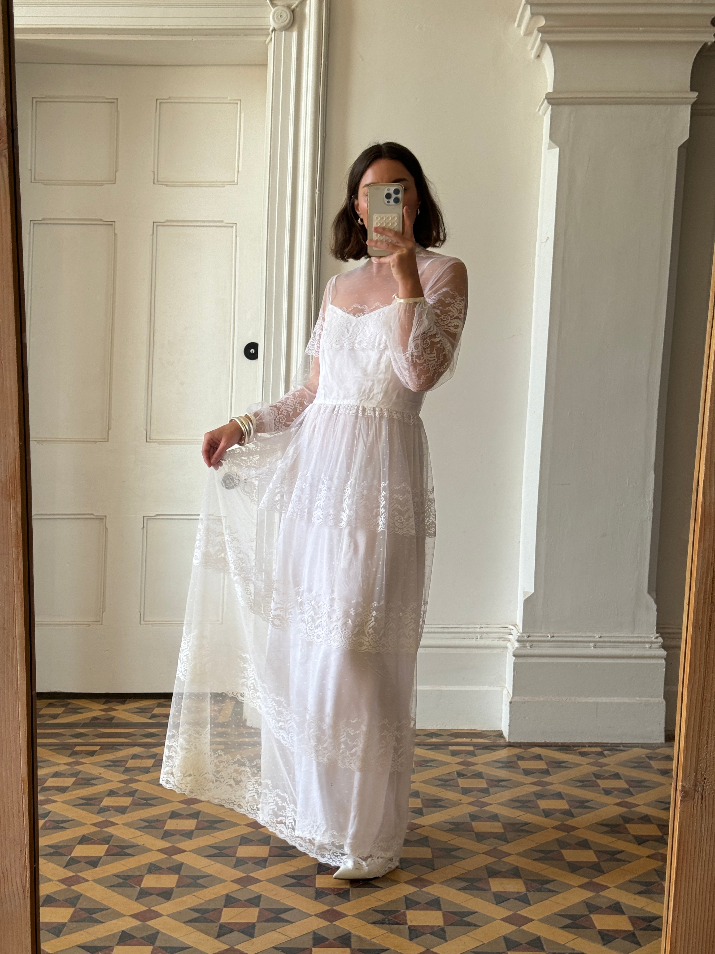Vintage 70s Lace Long Sleeved High Neck Wedding Dress