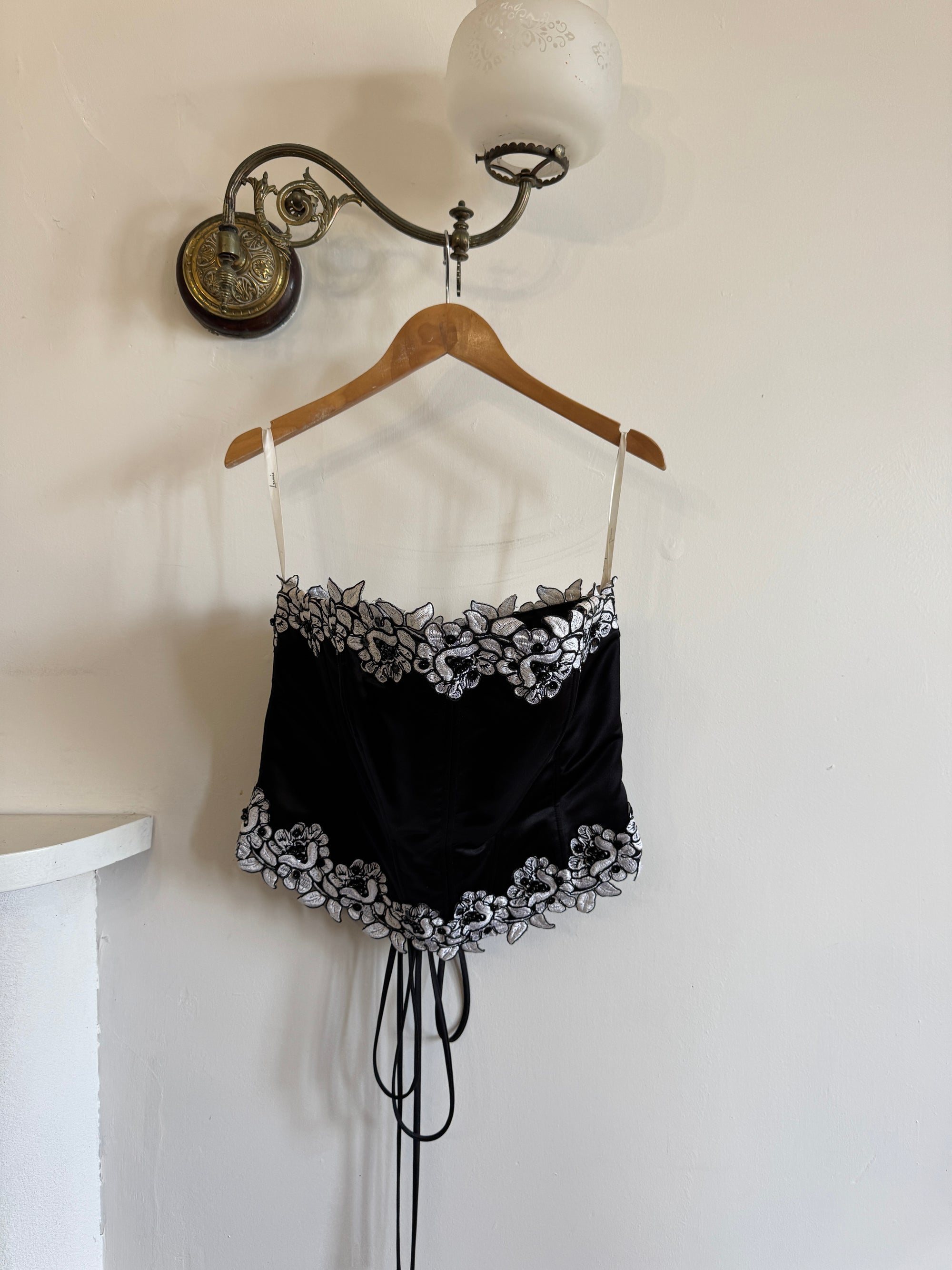 Vintage 90s Black Lace Up Corset with Contrast Flowers