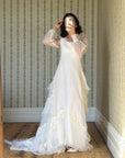 Vintage 60s Lace Wedding Dress With Pleated Ruffle Train