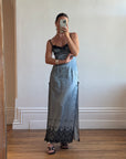 Vintage 90s Mesh Strappy Slip Dress Blue Satin Noir