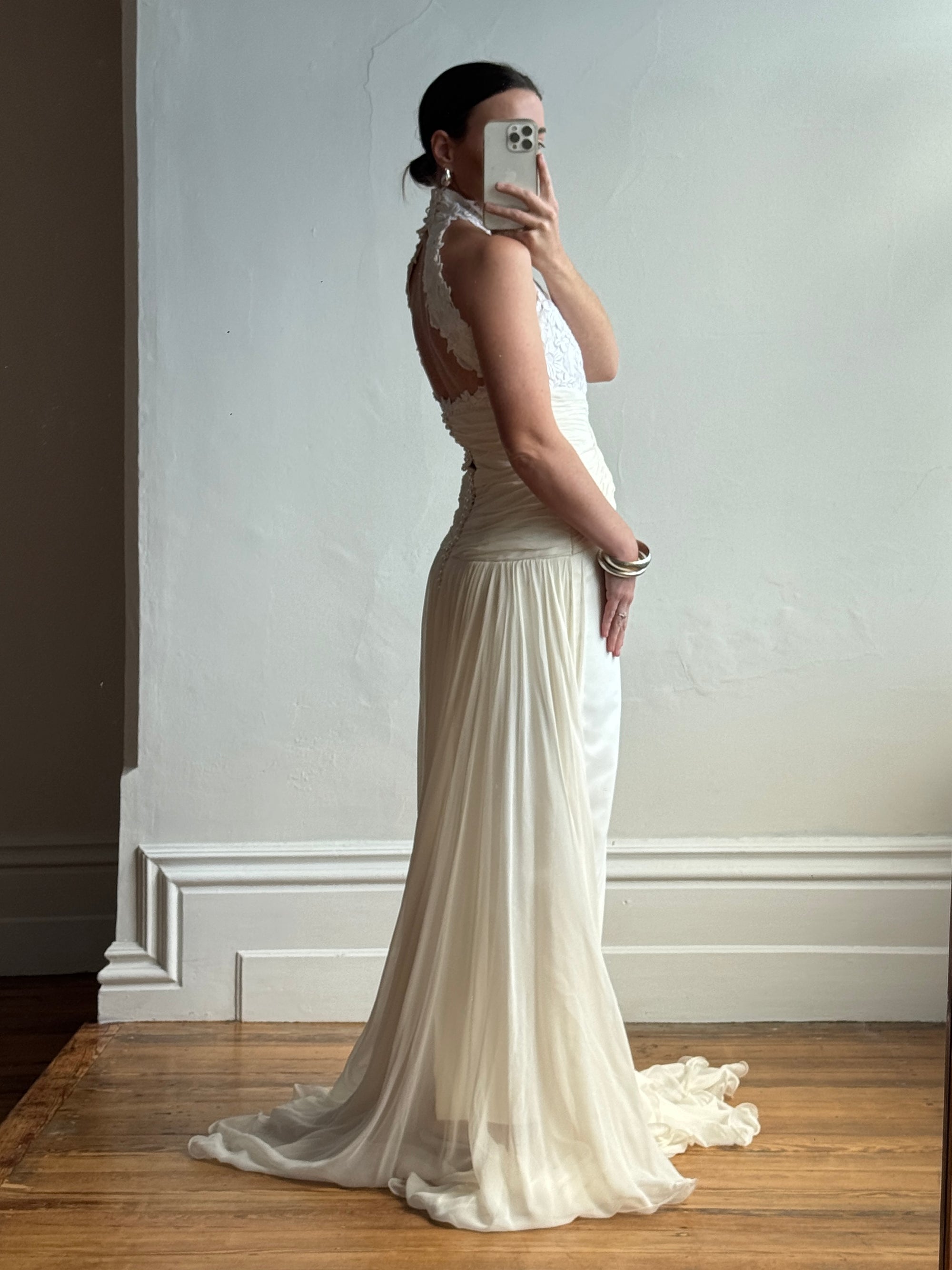Vintage 90s High Front Lace Midi Dress with Pure Silk Train