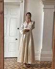 Vintage 70s Floral Satin Jacquard Wedding Dress Creme