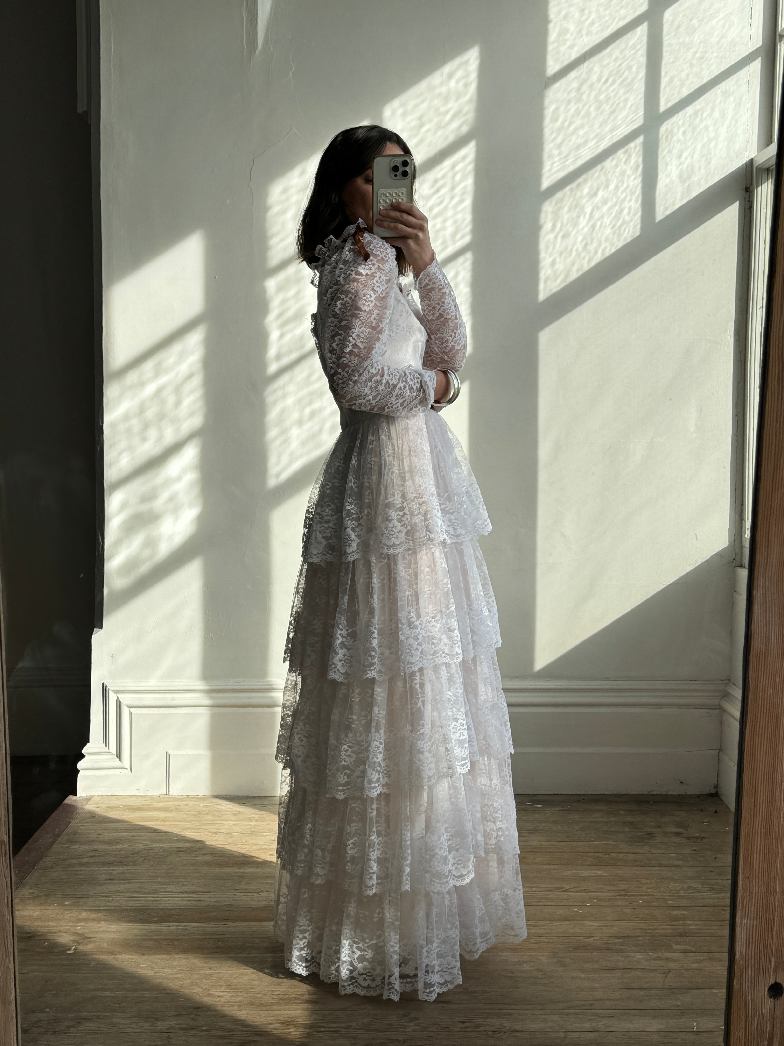 Vintage 70s Tiered Lace Wedding Dress with Brown Floral Embroidery