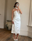 Vintage 90s Satin Strapless Bridal Midi With Neck Tie