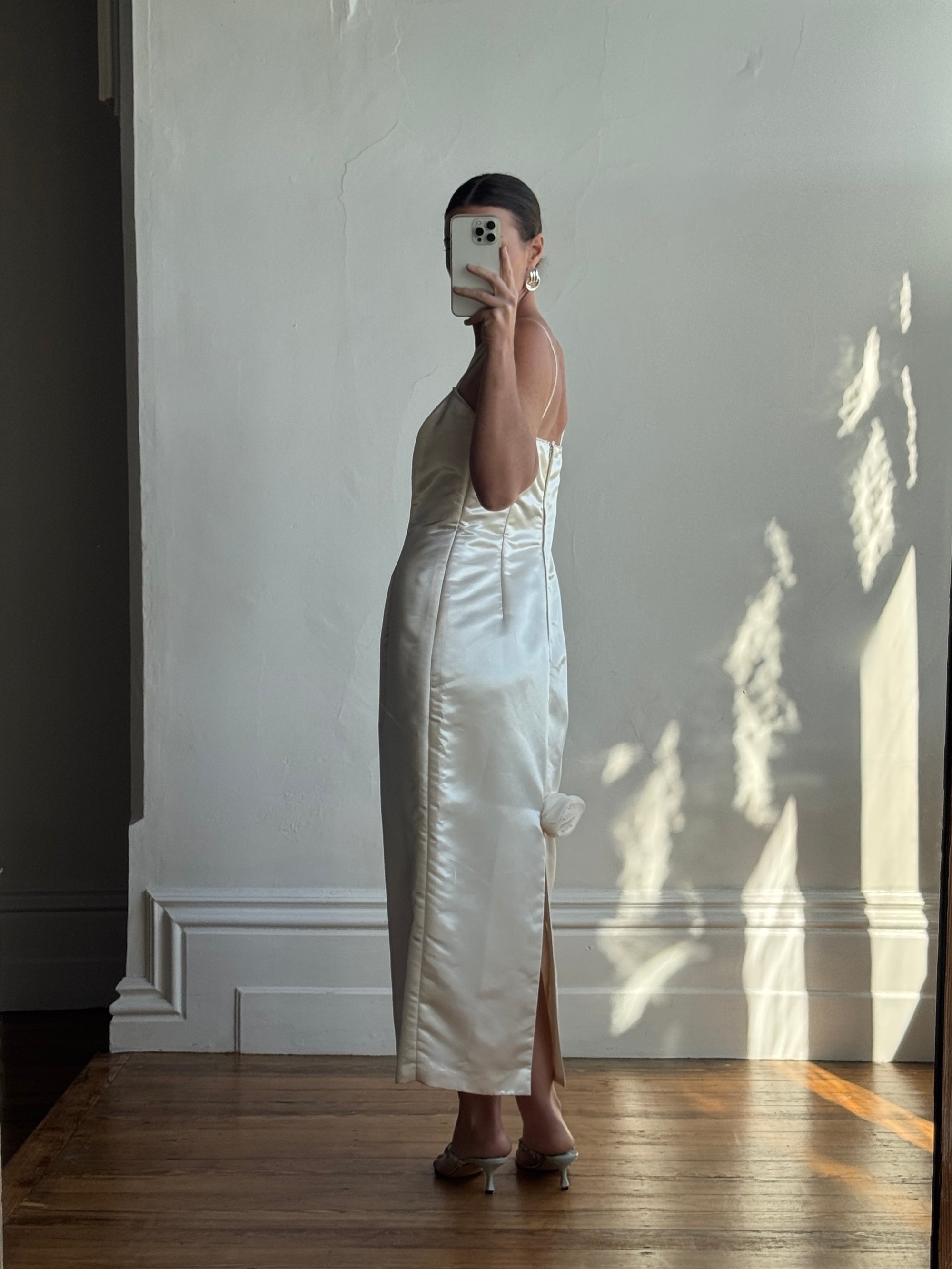 Vintage 90s Ivory Satin Column Midi with Rosette