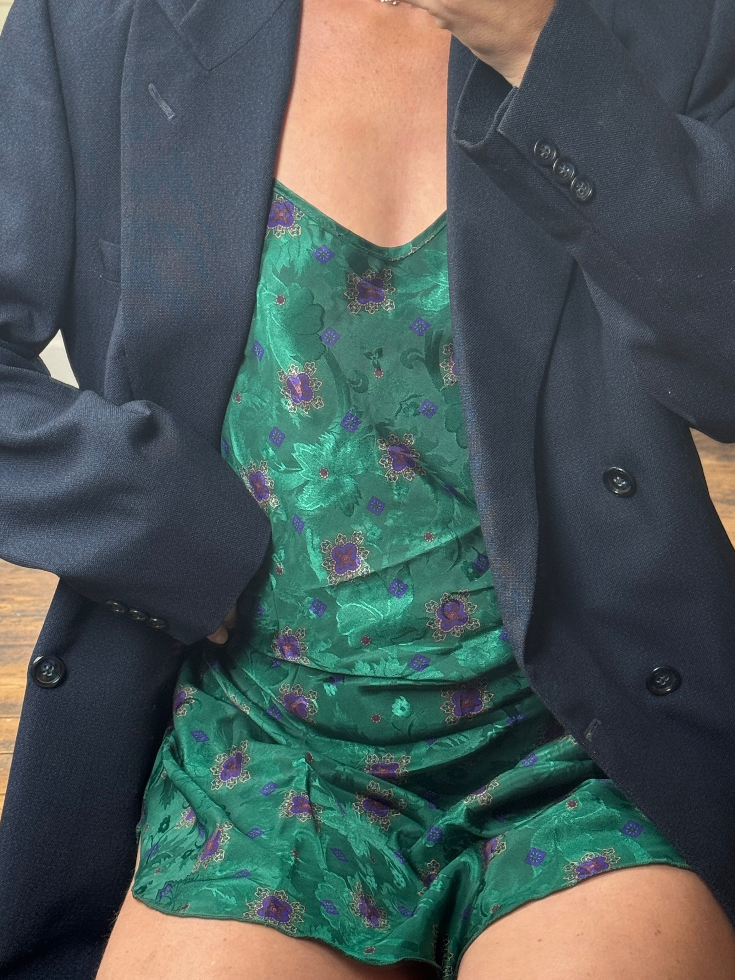 Vintage Emerald Green and Purple Jacquard Satin Slip Mini