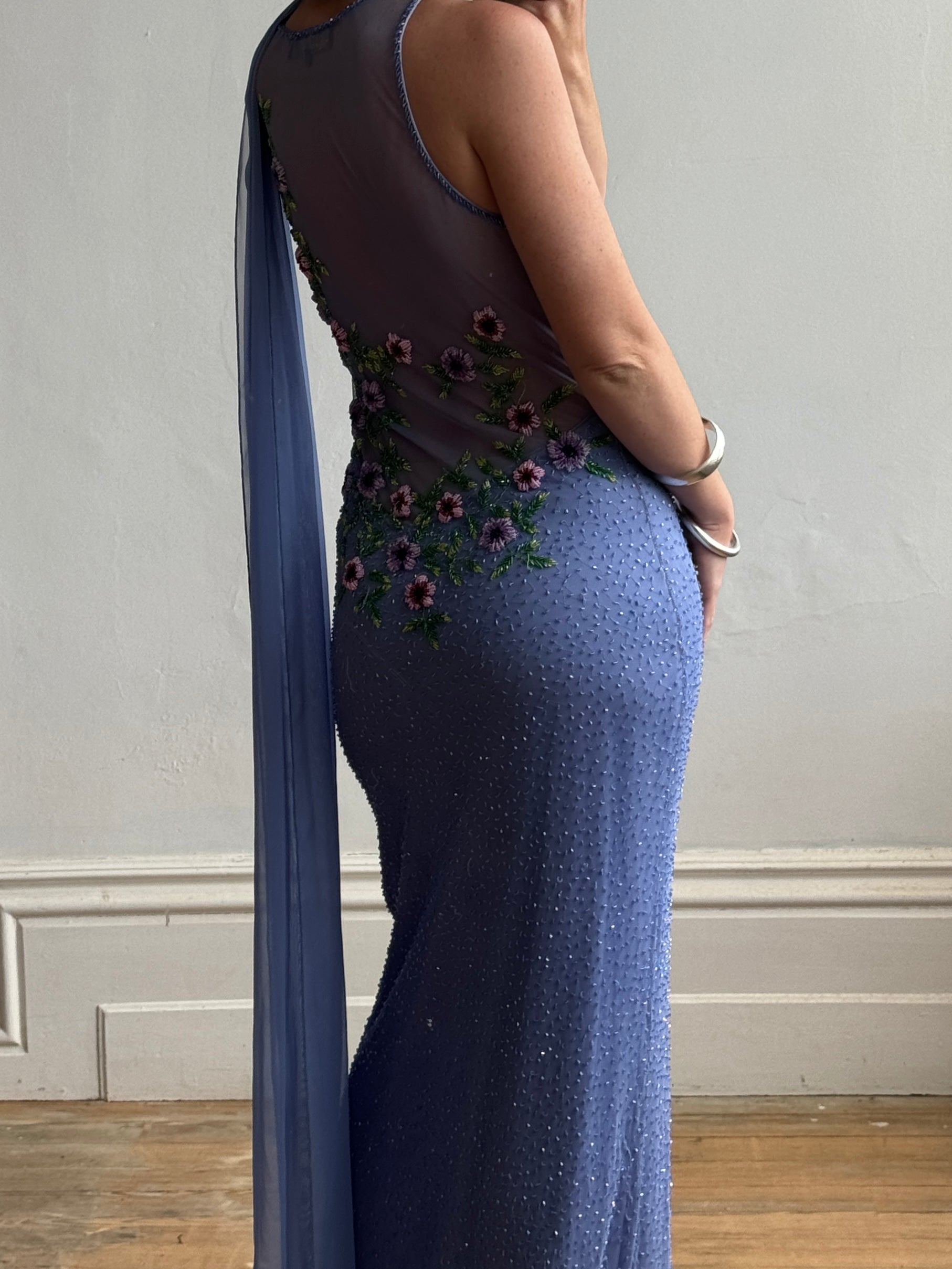Vintage 90s Cornflour Blue Beaded Evening Gown With Scarf