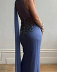 Vintage 90s Cornflour Blue Beaded Evening Gown With Scarf