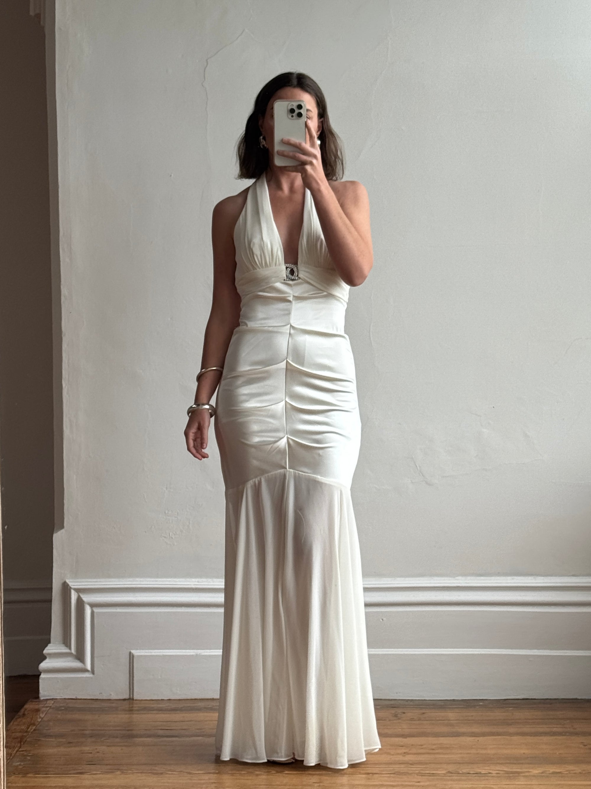 Vintage Y2K USA Made Mermaid Satin Fluted Dress Ivory