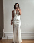 Vintage Y2K USA Made Mermaid Satin Fluted Dress Ivory