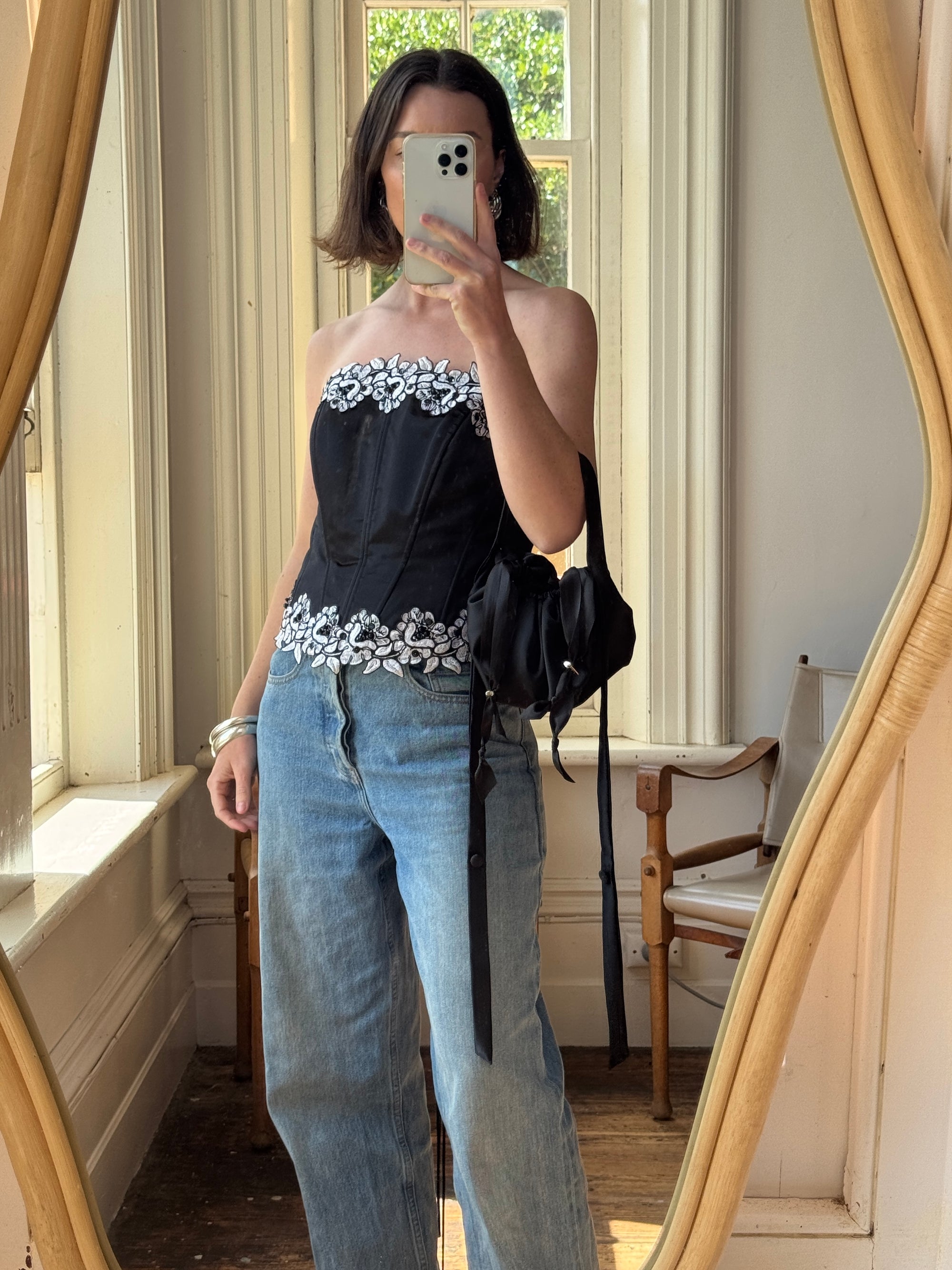 Vintage 90s Black Lace Up Corset with Contrast Flowers