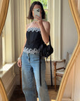 Vintage 90s Black Lace Up Corset with Contrast Flowers