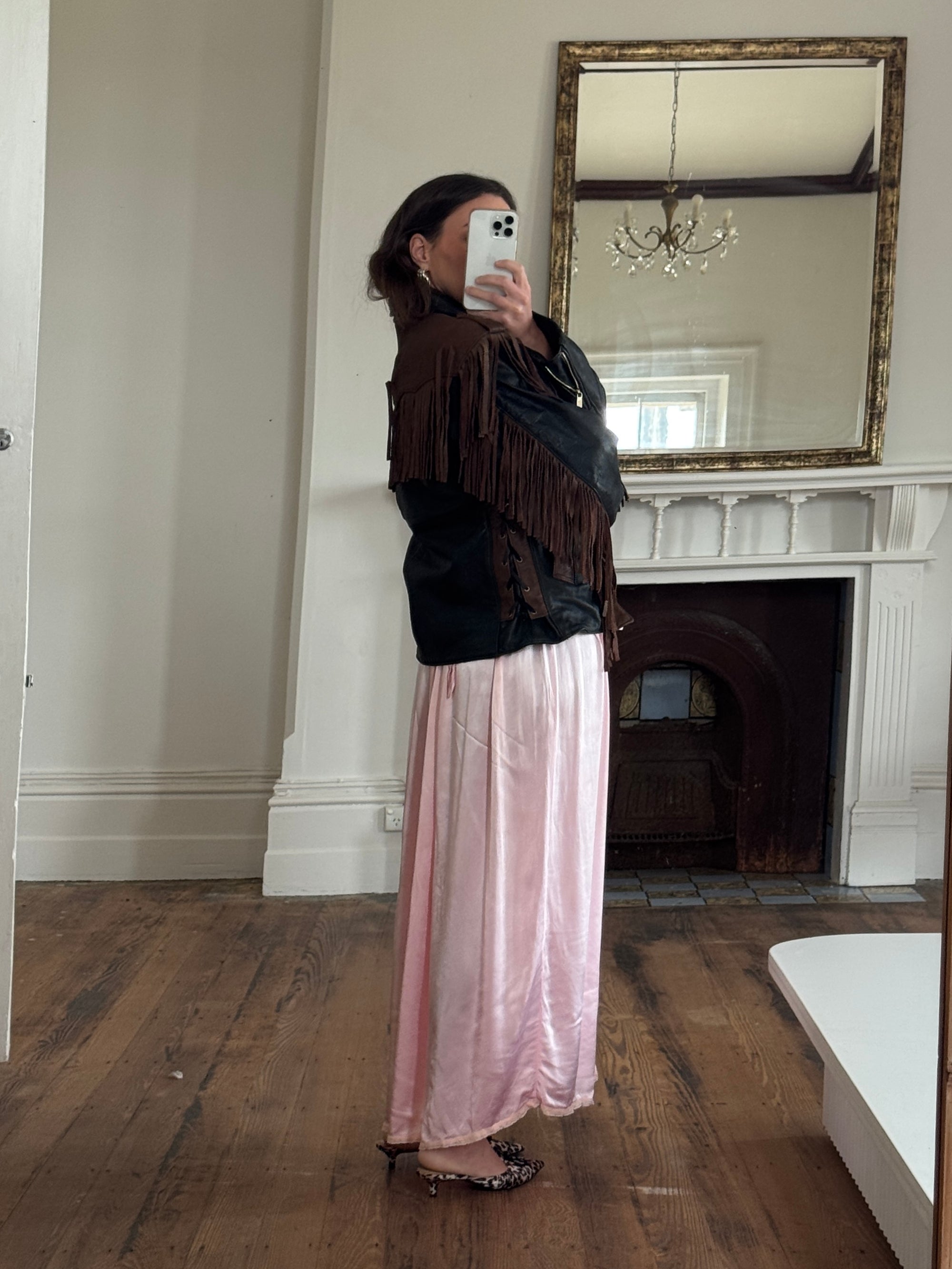 Vintage 70s Fringed Lace Up Leather Jacket Chocolate Noir