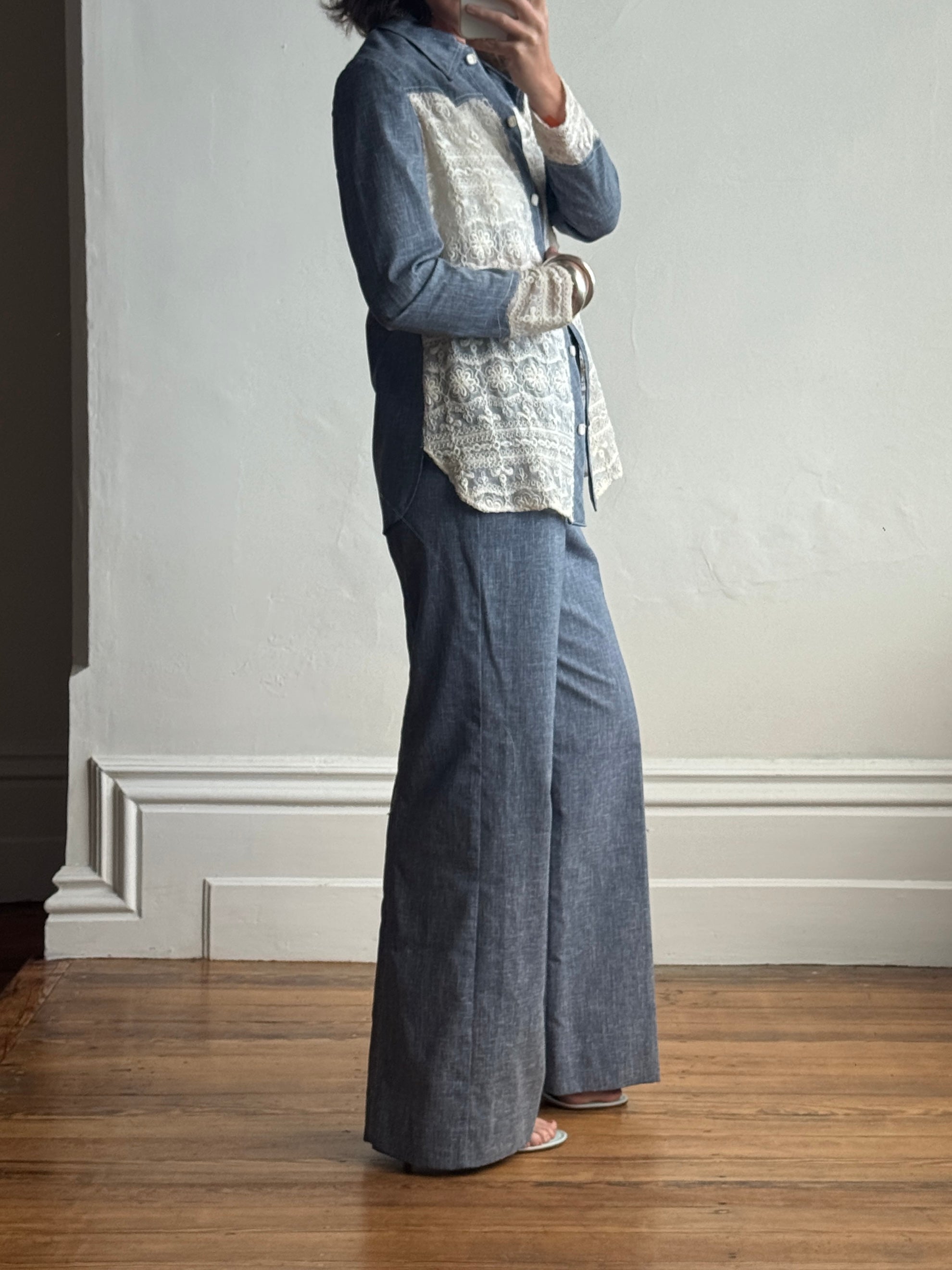 Vintage 70s 3 piece Chambray and Lace Western Set