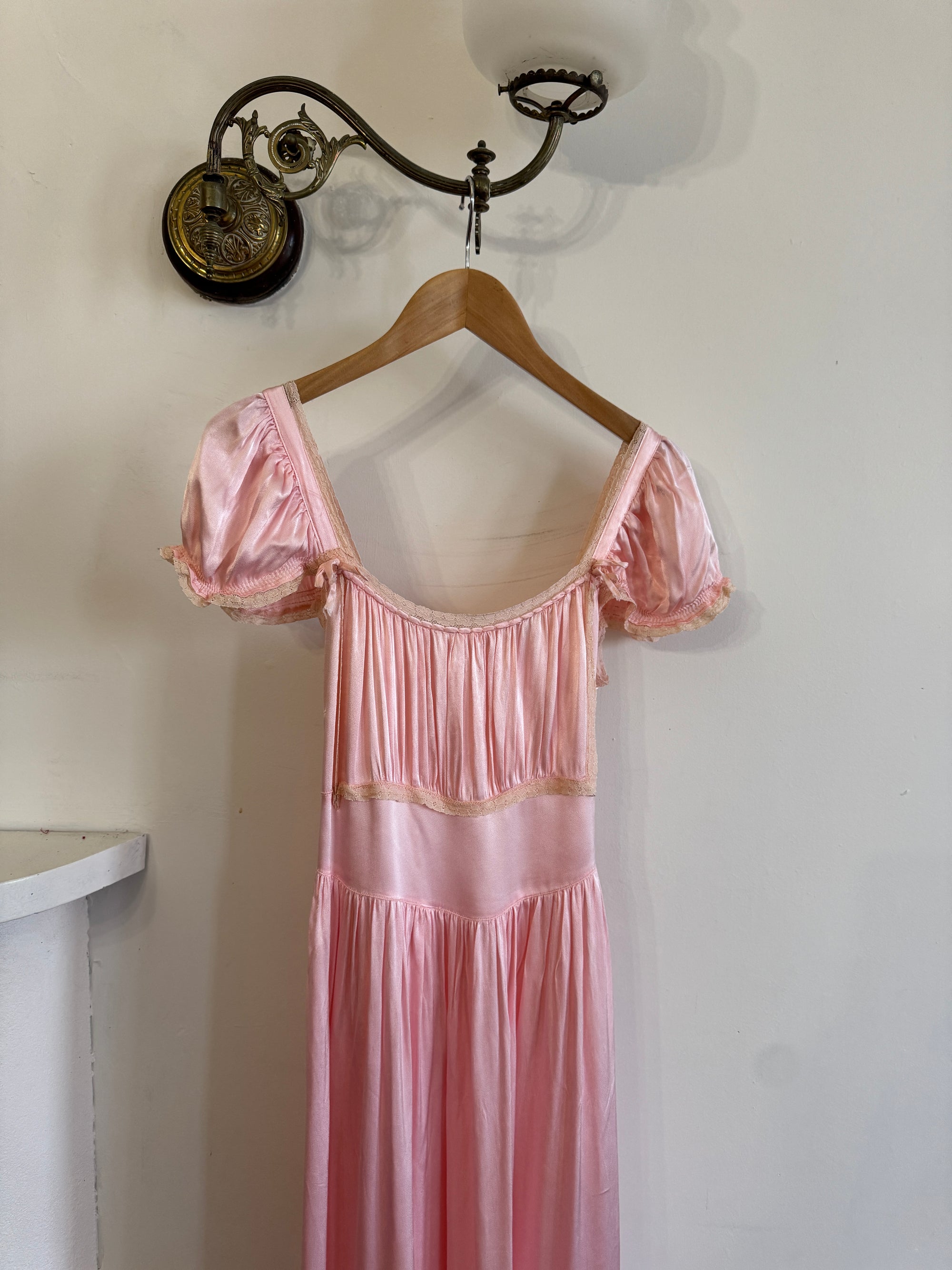 Vintage 30s Baby Pink Liquid Satin Slip with Creme Lace Trim