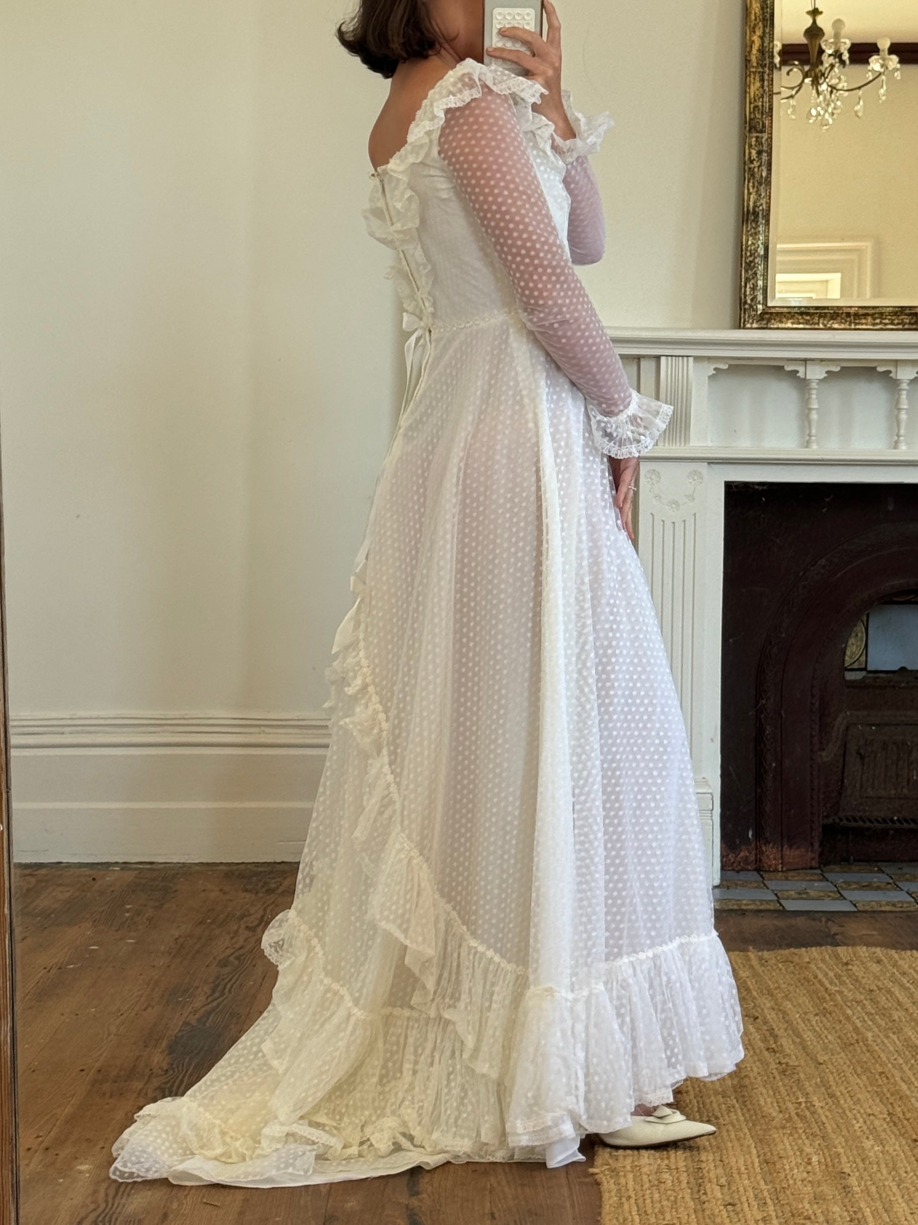Vintage 70s Polka Scoop Neck Wedding Dress