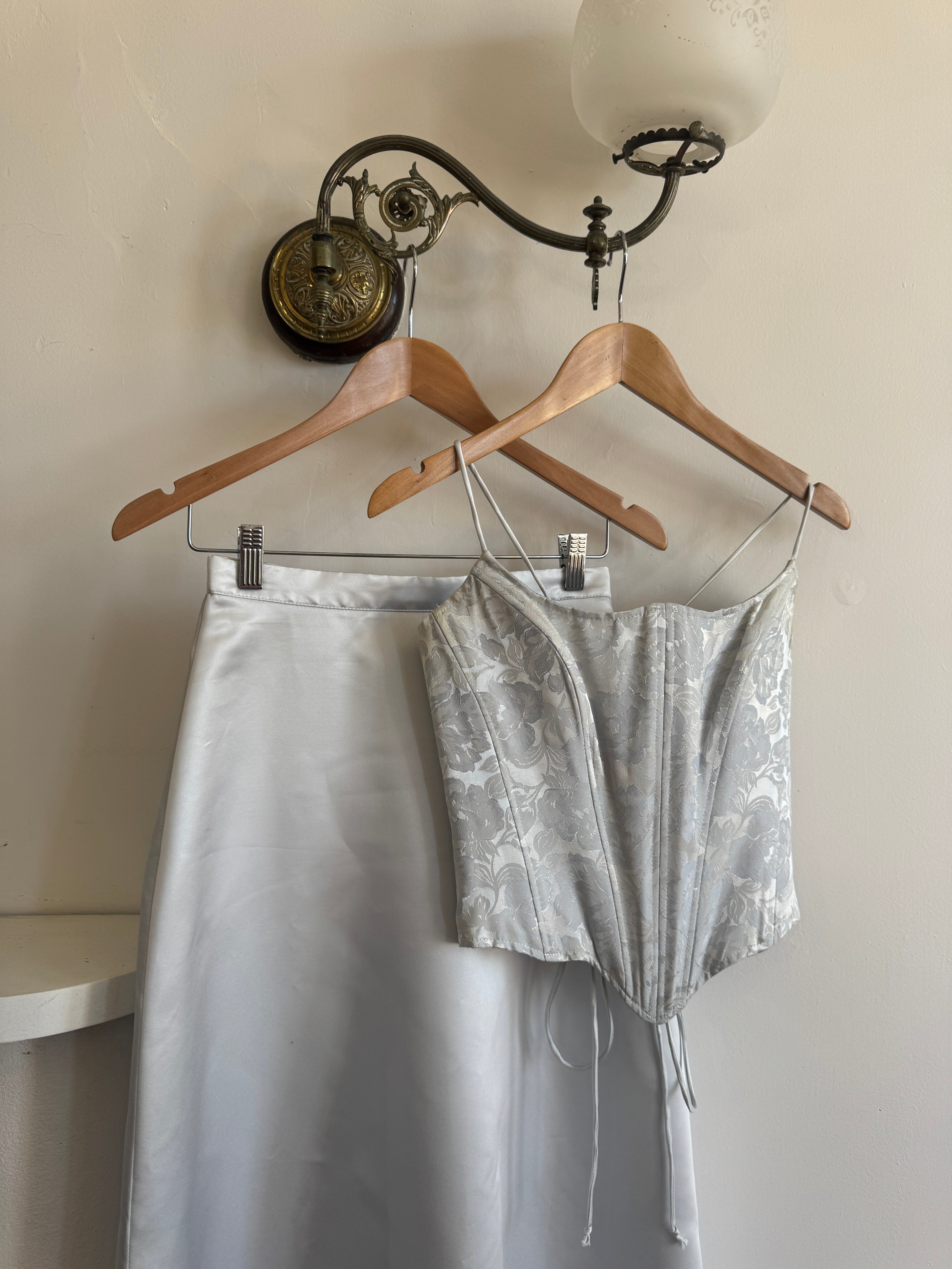 Vintage 90s Ice Blue Satin Jacquard Corset and Skirt Set