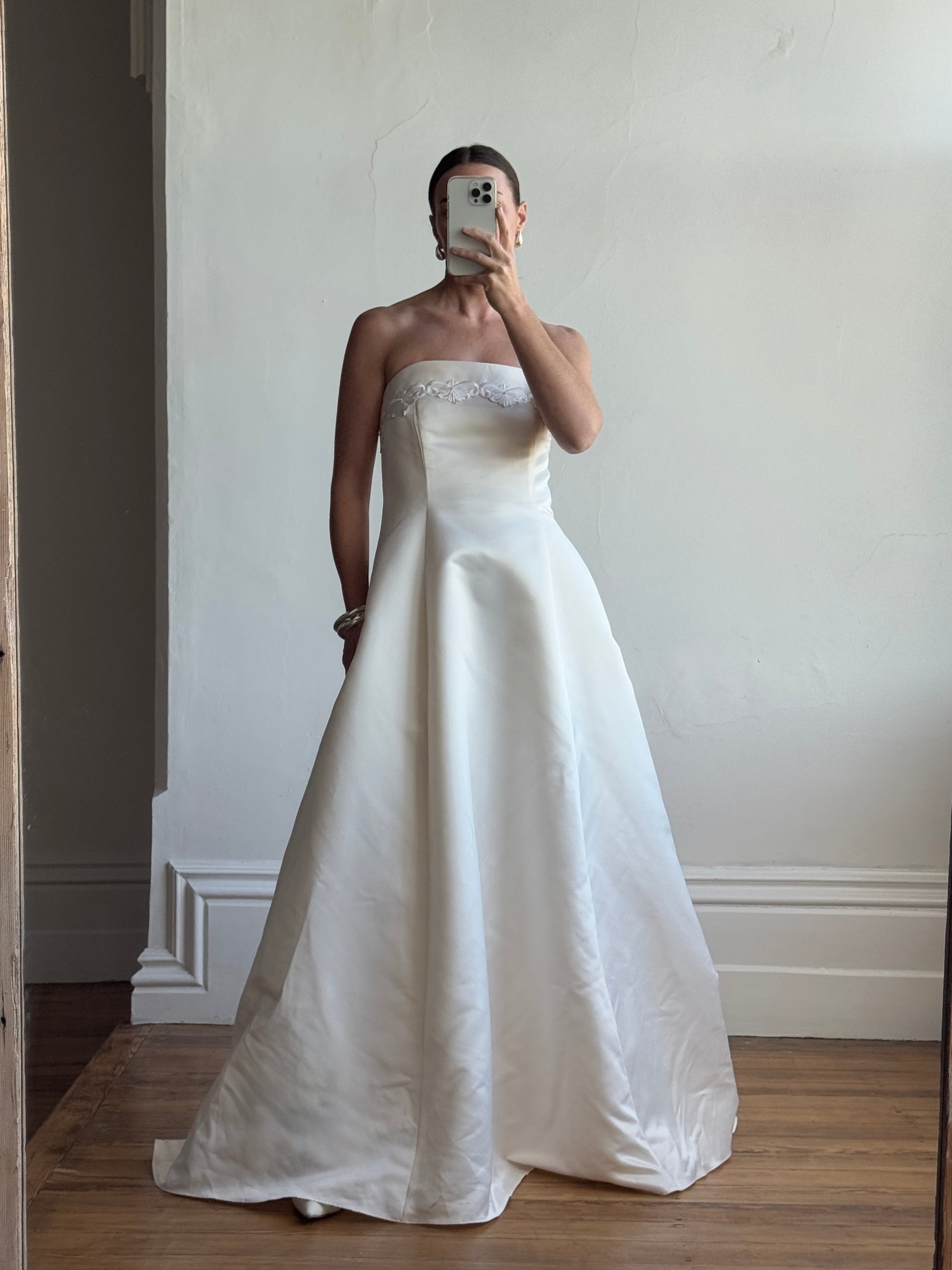 Vintage 90s Satin Strapless A-Line Wedding Dress With Train