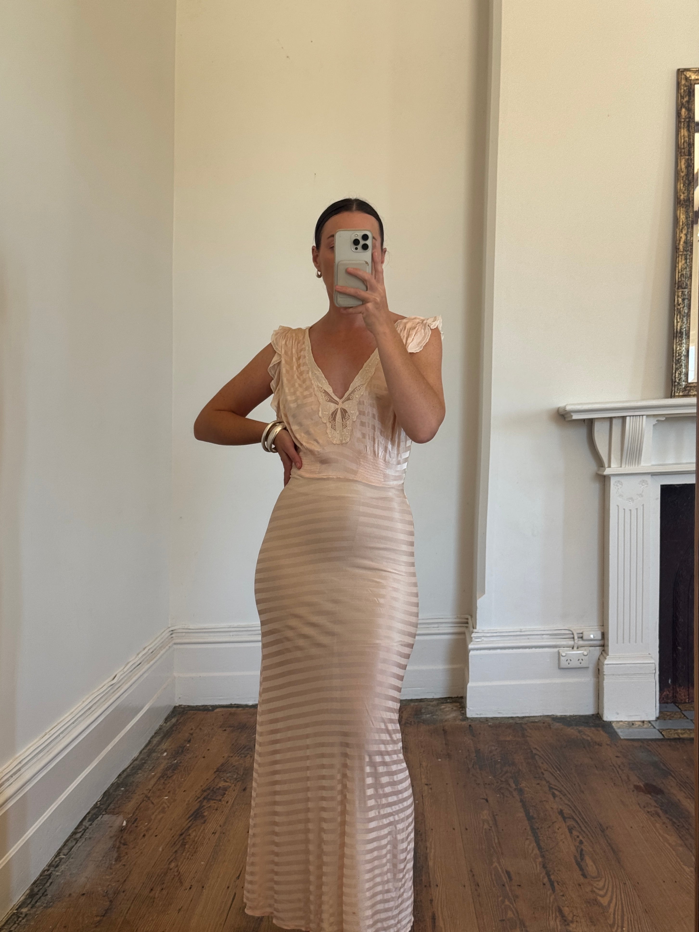 Vintage 50s Slip Smocked Dress Stripe Pink