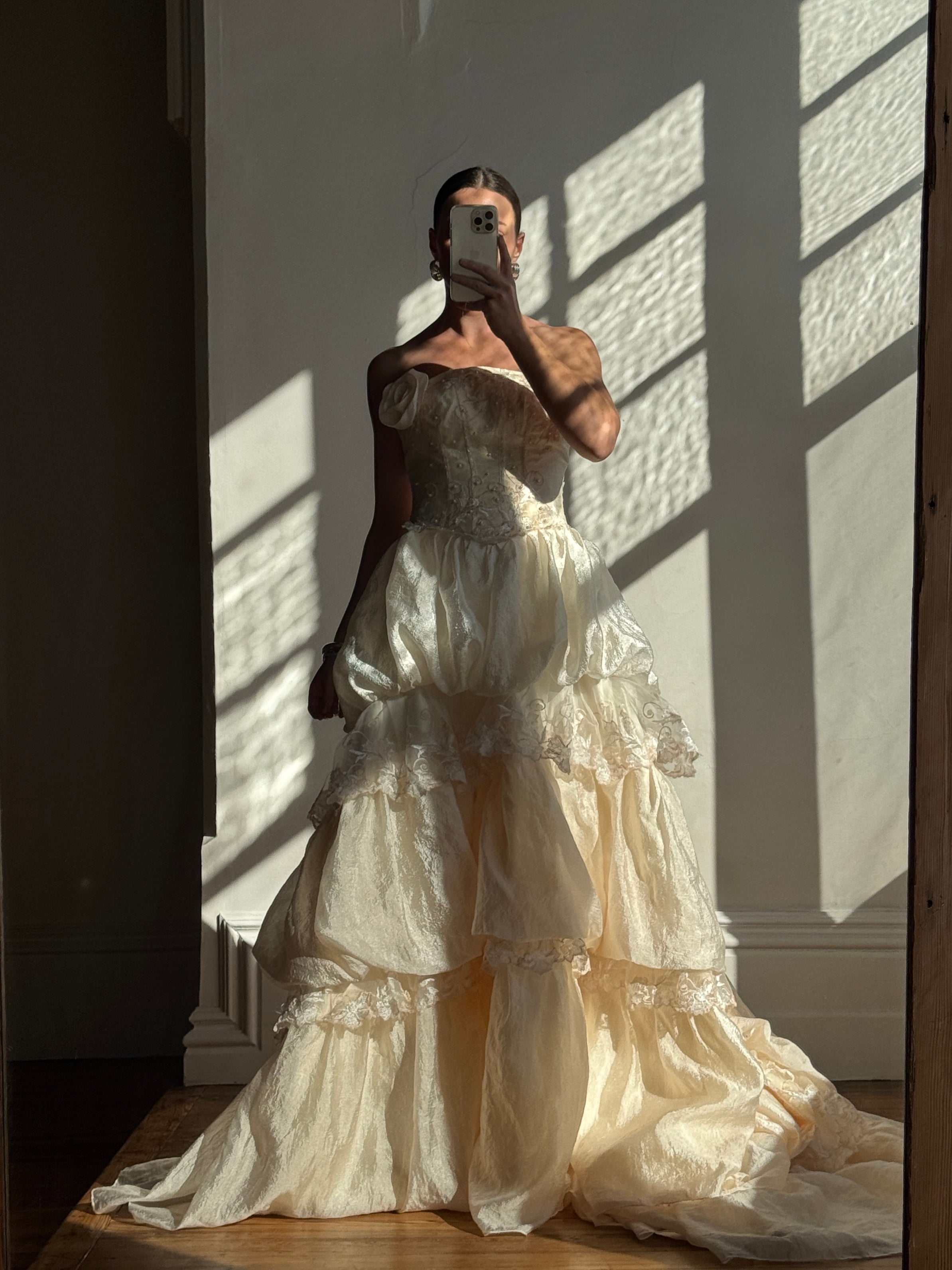 Vintage 90s Strapless Rosette Bubble Wedding Gown Peachy Creme