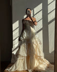 Vintage 90s Strapless Rosette Bubble Wedding Gown Peachy Creme
