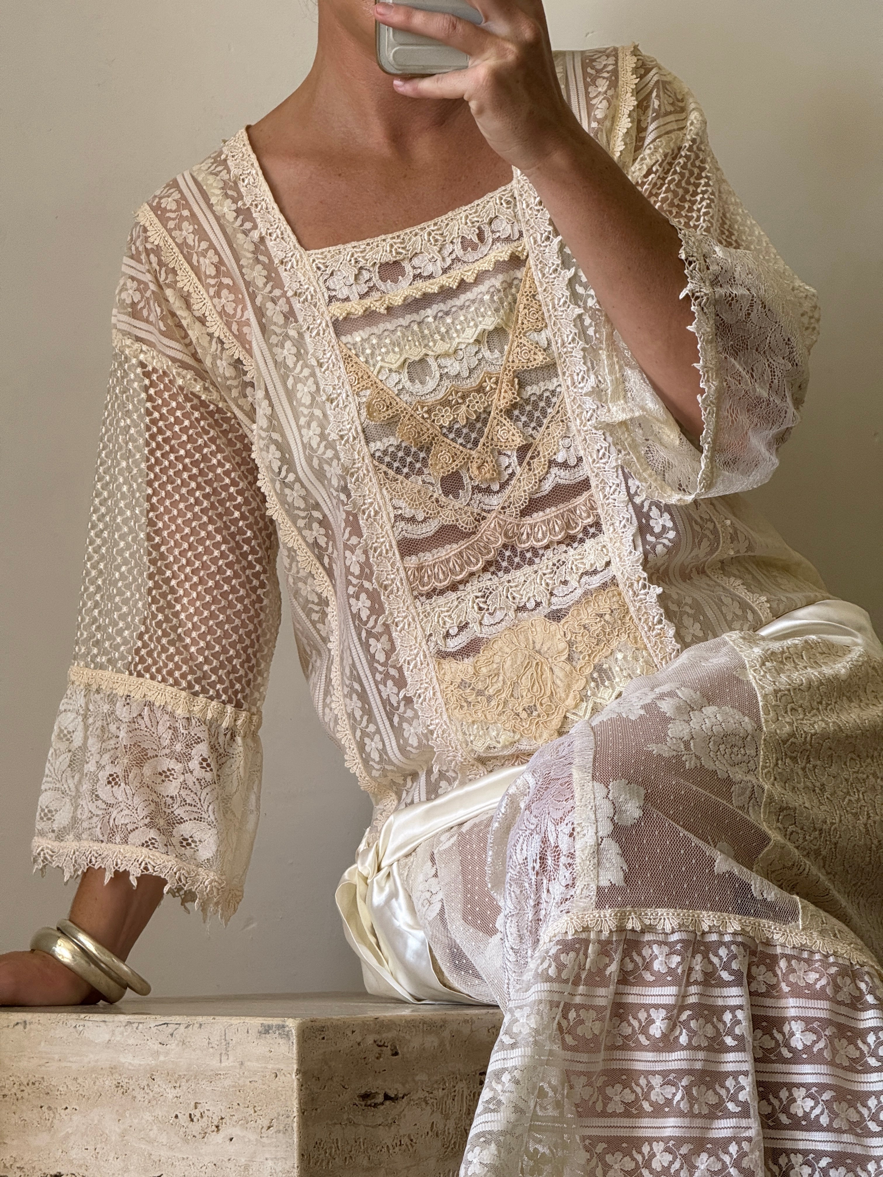 Vintage 80s Drop Waist Patchwork Lace Sheer Wedding Dress