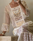 Vintage 80s Drop Waist Patchwork Lace Sheer Wedding Dress