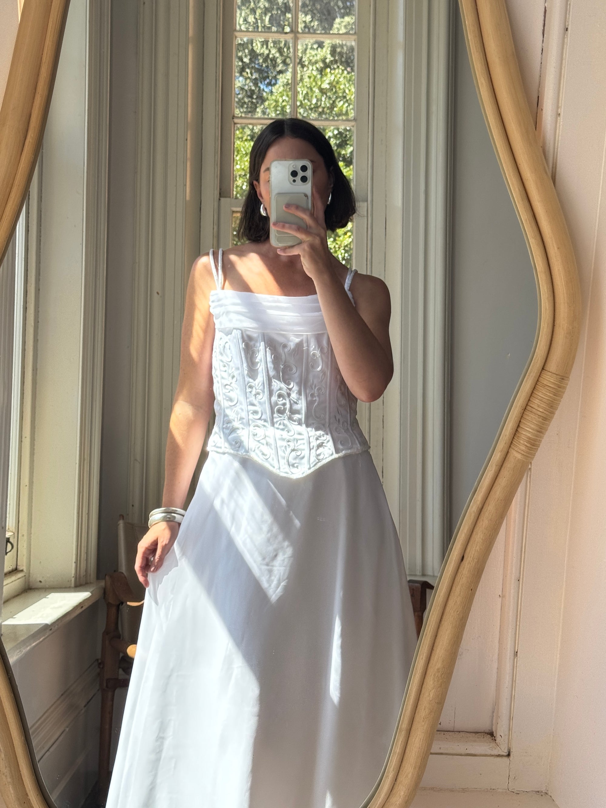 Vintage 90s Embroidered Corset Cowl Neck Wedding Dress