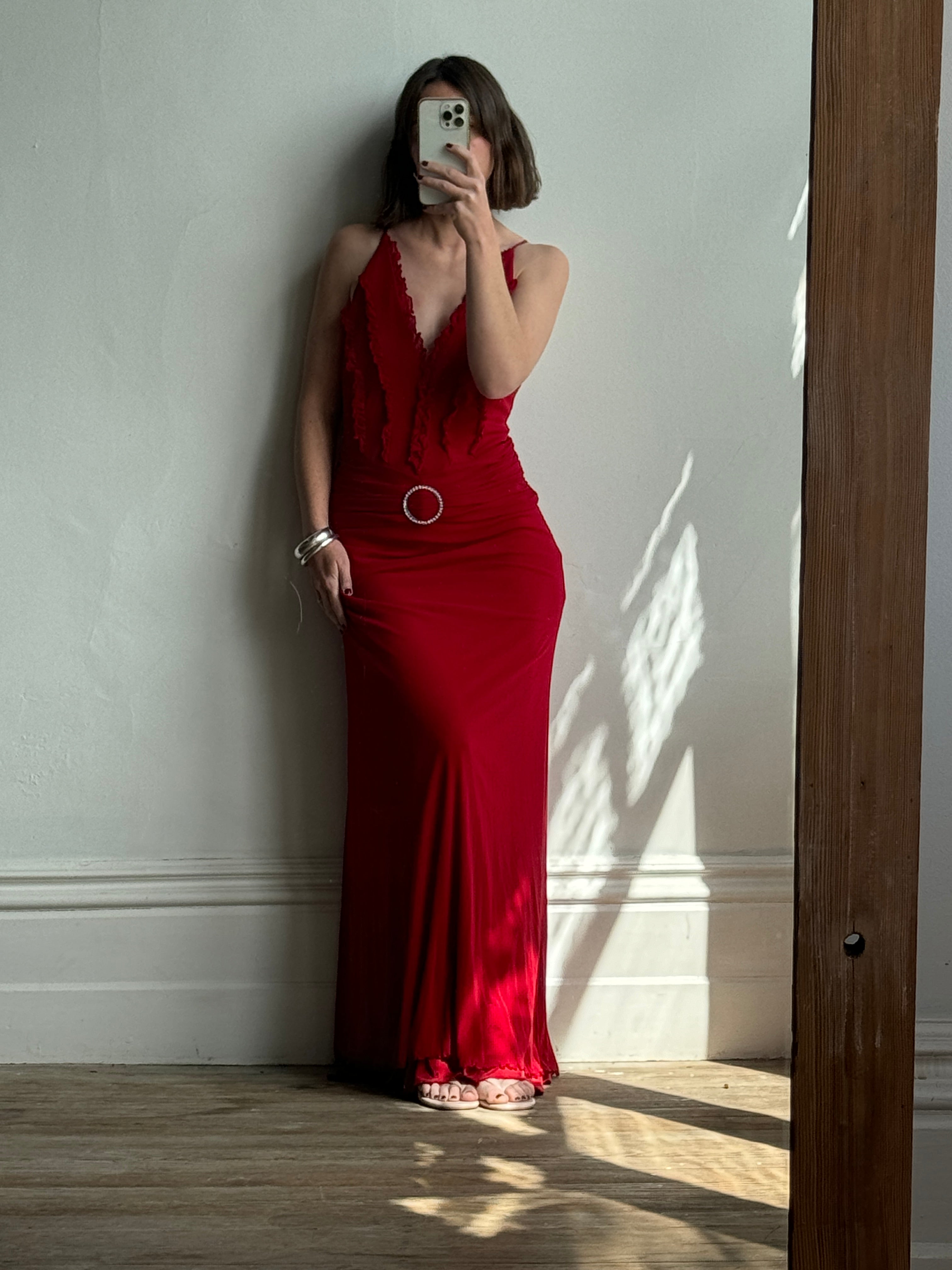 Vintage 90s Flame Red Ruffle Evening Dress with Rhinestone Belt