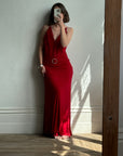 Vintage 90s Flame Red Ruffle Evening Dress with Rhinestone Belt