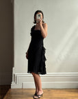 Vintage 90s One Shoulder Ruffle Jersey Dress Noir