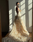 Vintage 90s Strapless Rosette Bubble Wedding Gown Peachy Creme