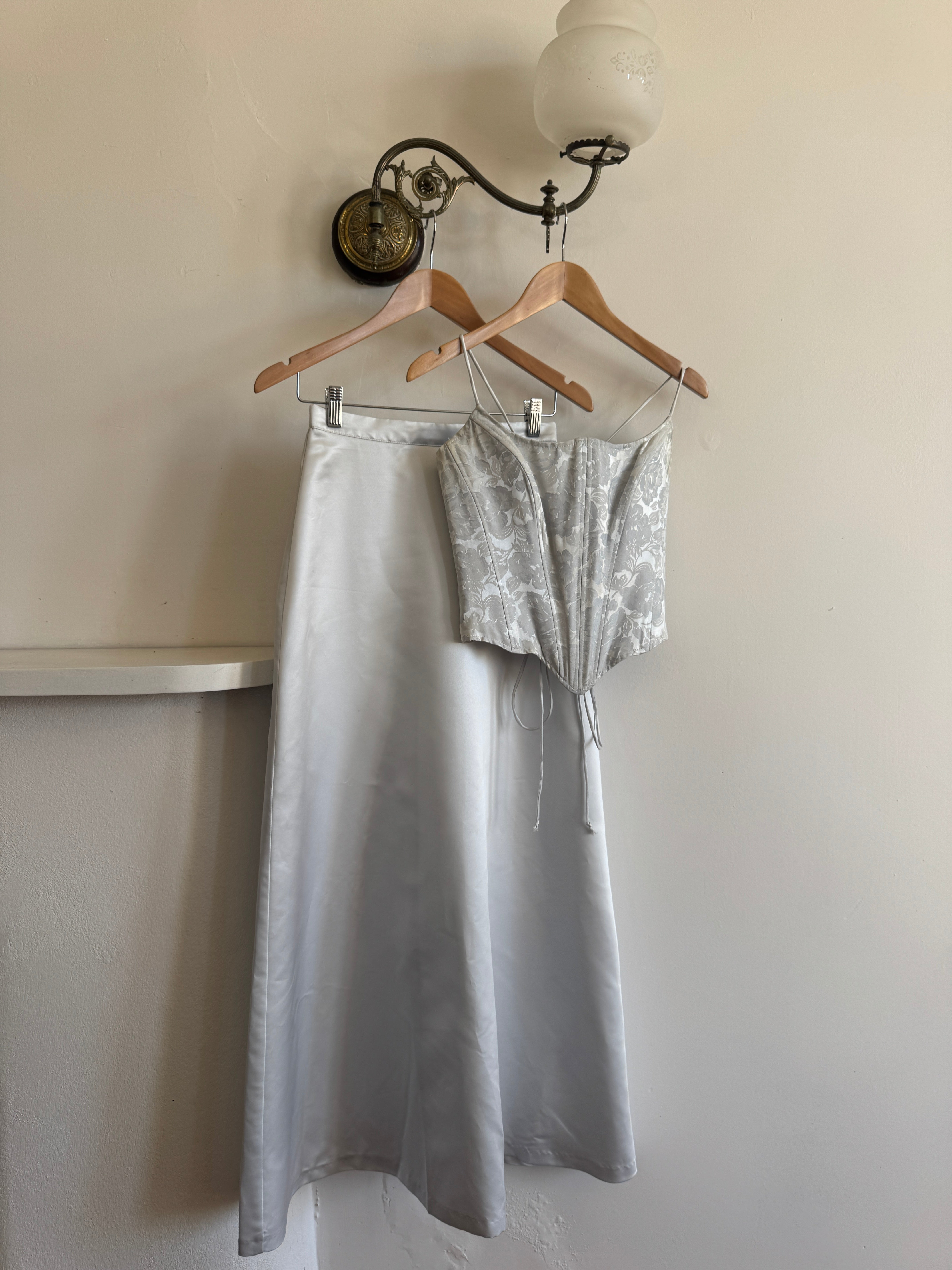 Vintage 90s Ice Blue Satin Jacquard Corset and Skirt Set