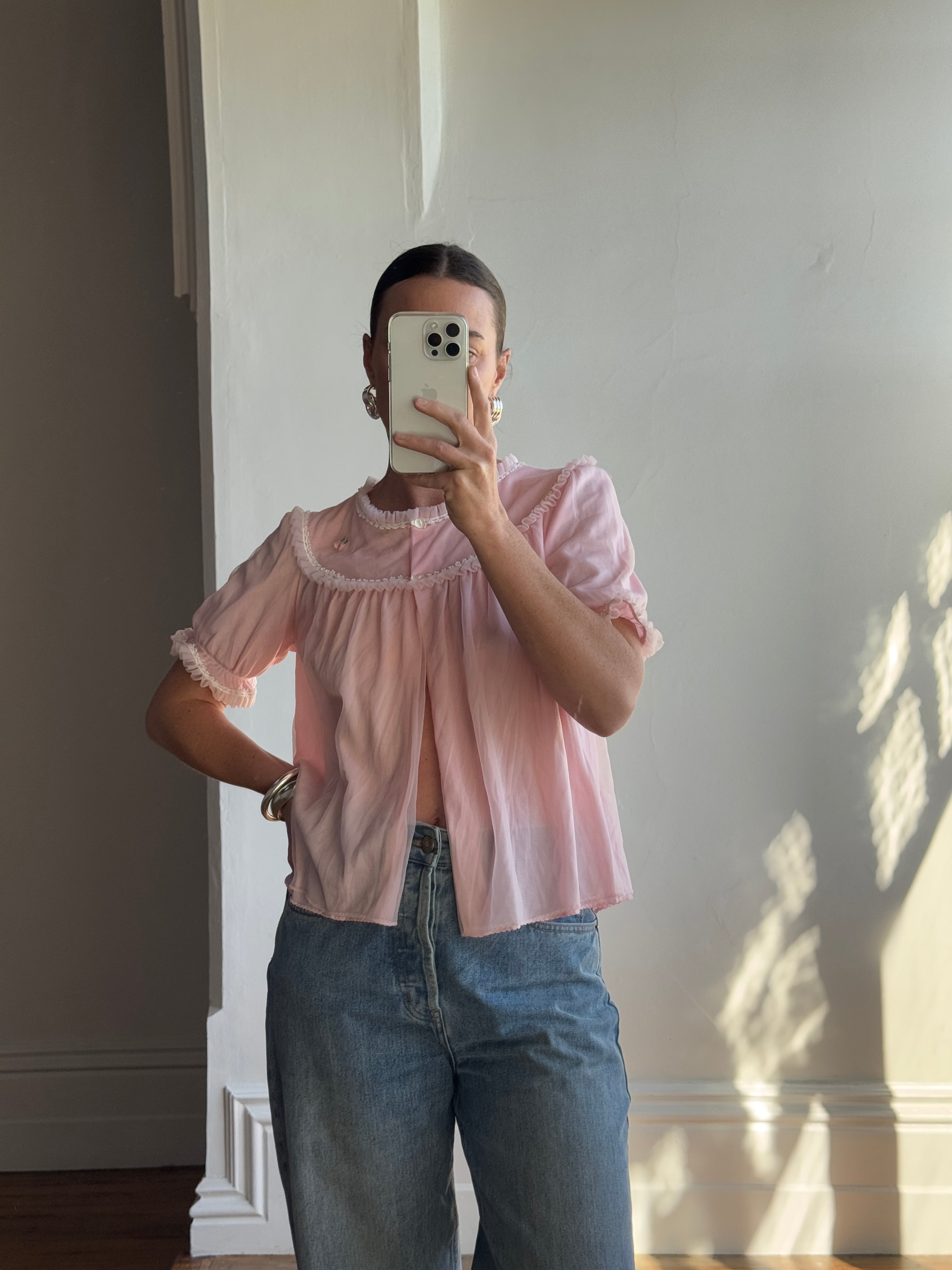 Vintage 60s Button Up Embroidered Frill Top Marshmallow