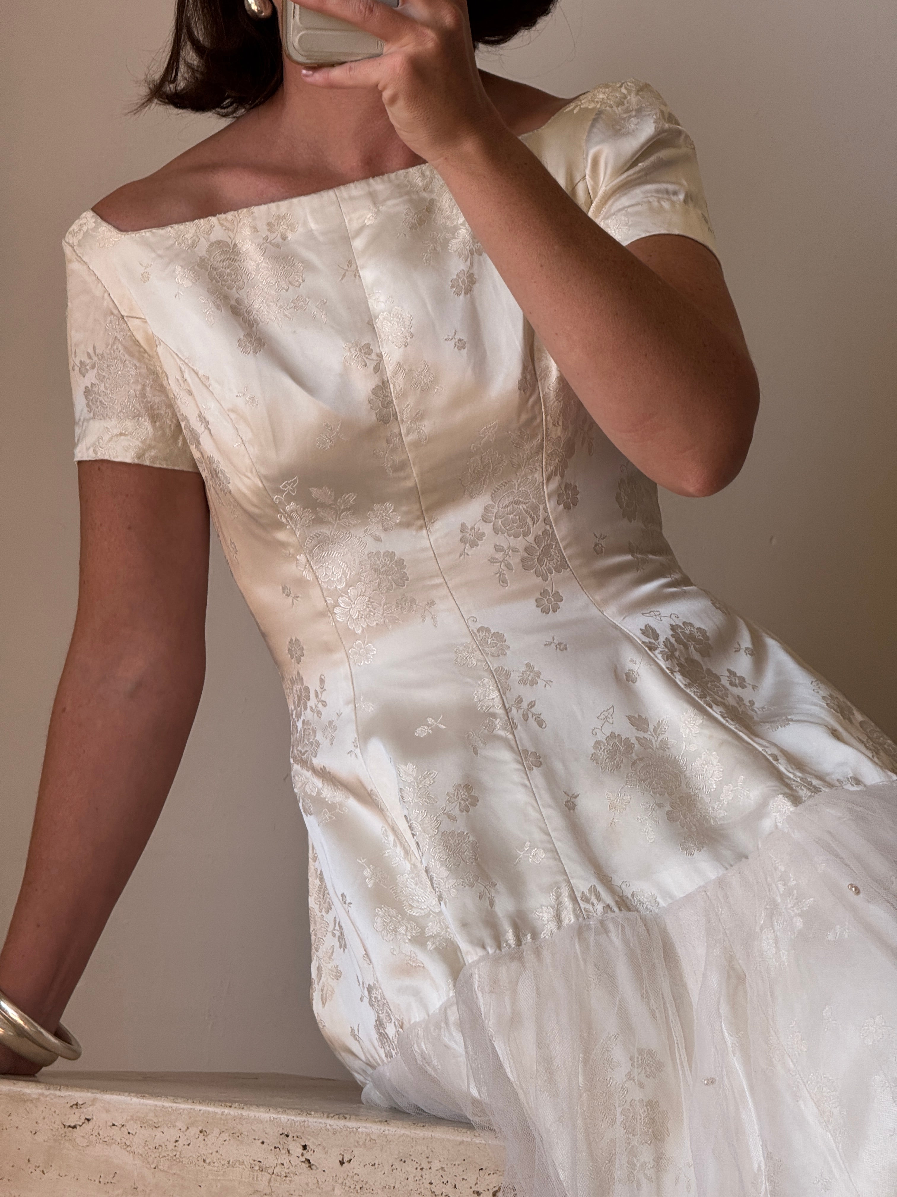 Vintage 50s Tea Length Jacquard Satin and Tulle Wedding Dress