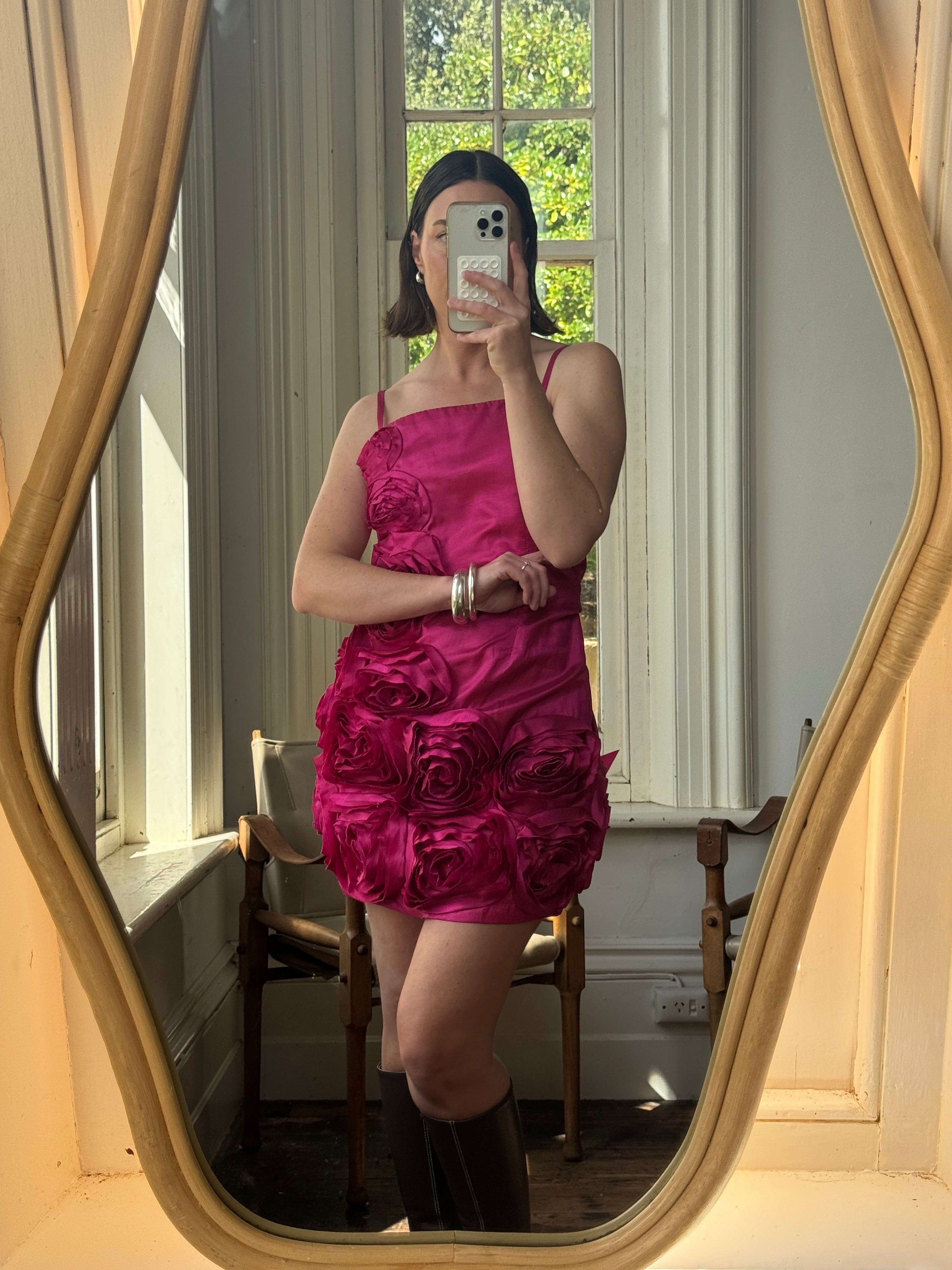 Vintage 80s Australian Made Rosette Mini Dress Fuchsia