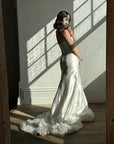 Vintage Y2K Strapless Satin Wedding Gown with Ruffled Train