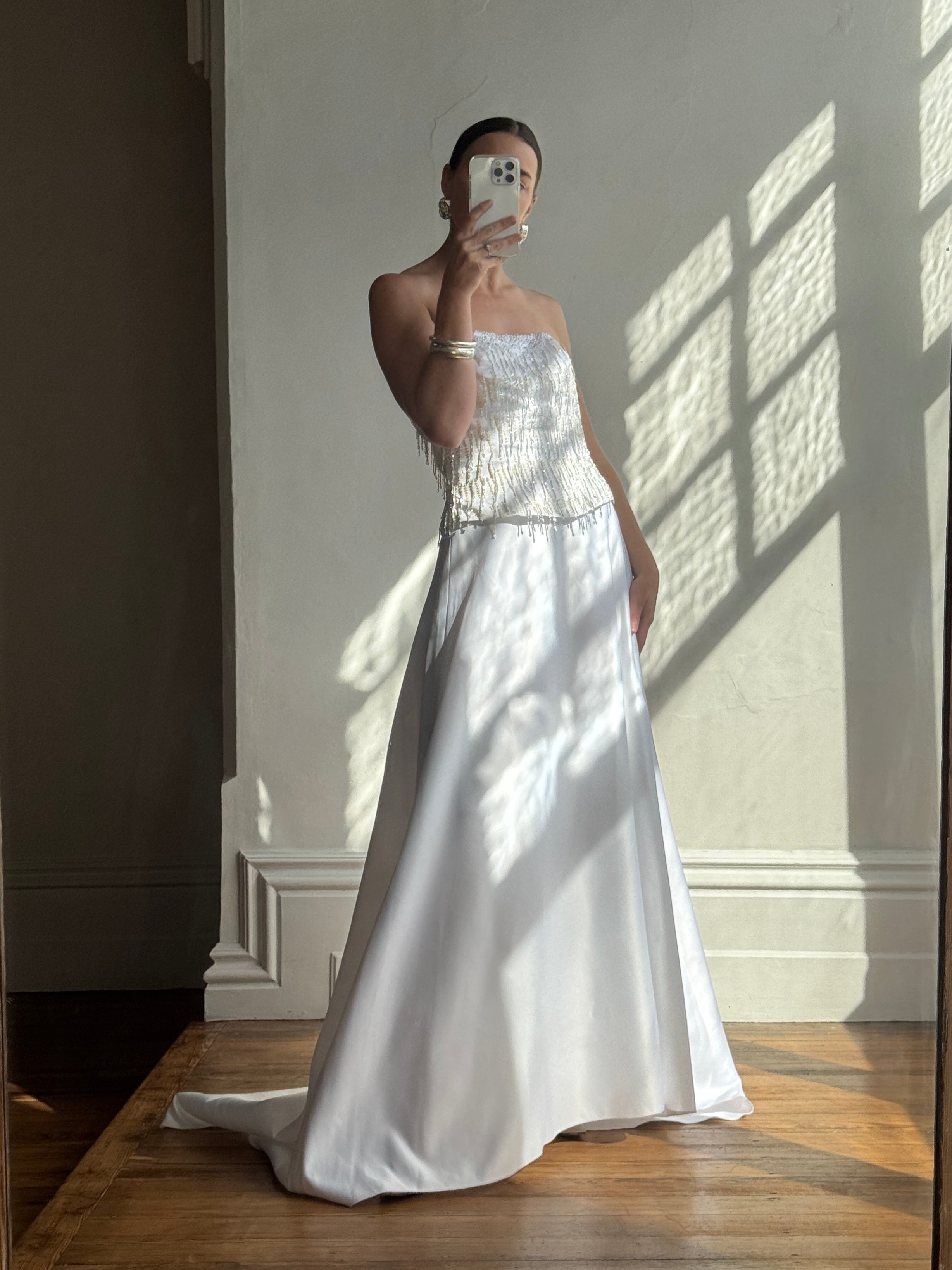 Vintage 90s Beaded Tassel Strapless Satin Wedding Gown