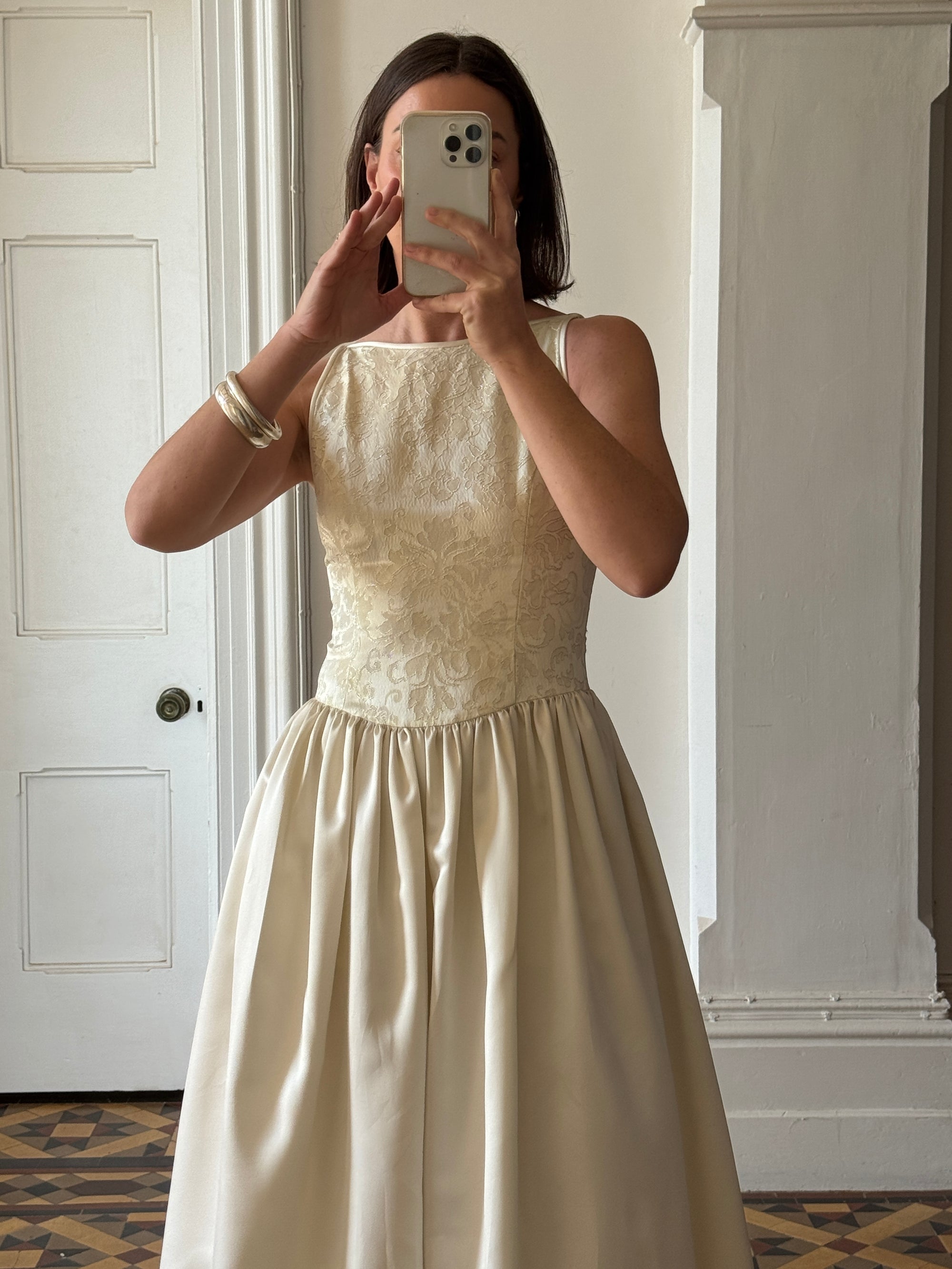 Vintage 90s Brocade High Front Satin Wedding Gown Champagne