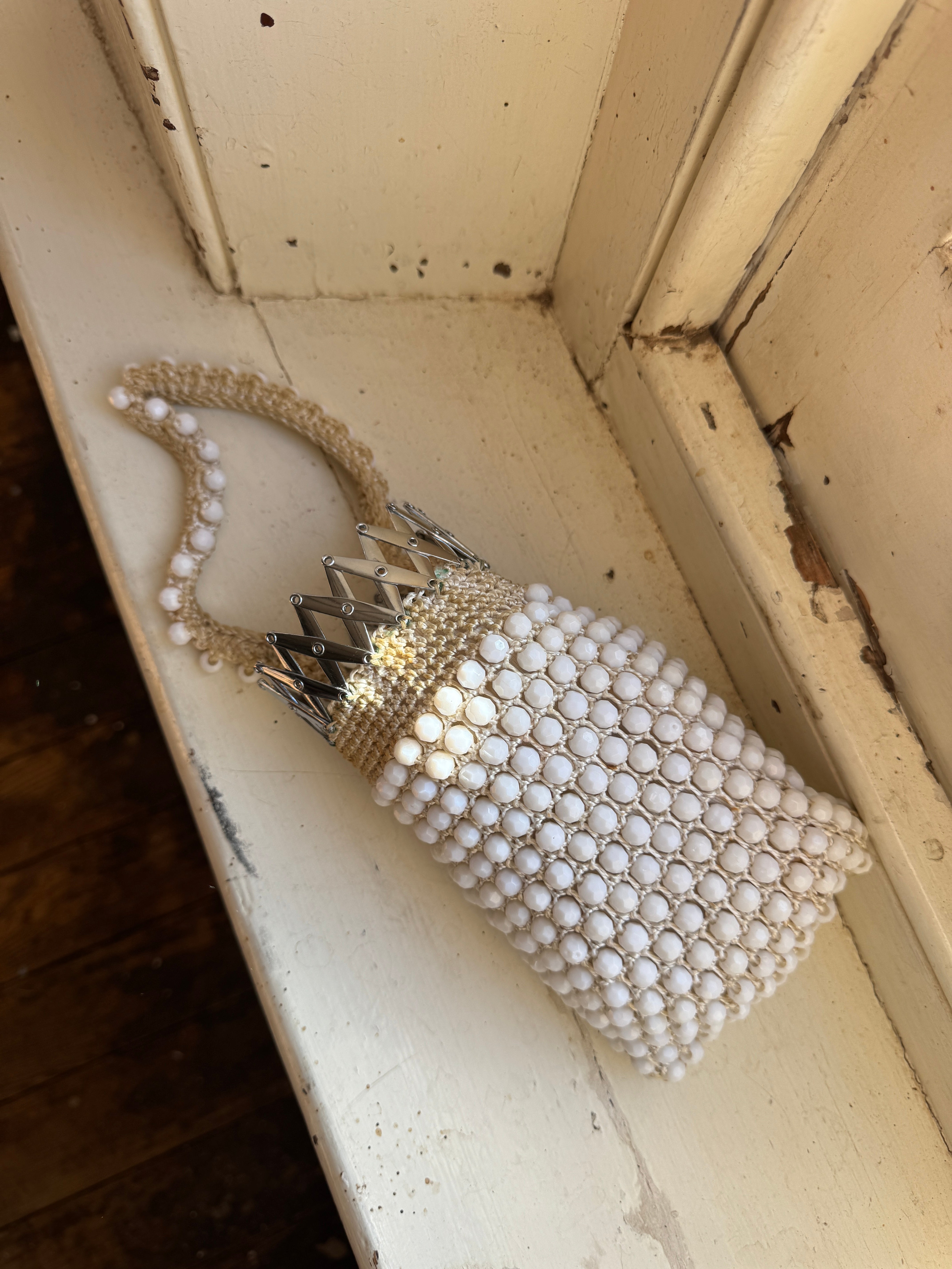 Vintage 60s Beaded Crochet Accordion Bag