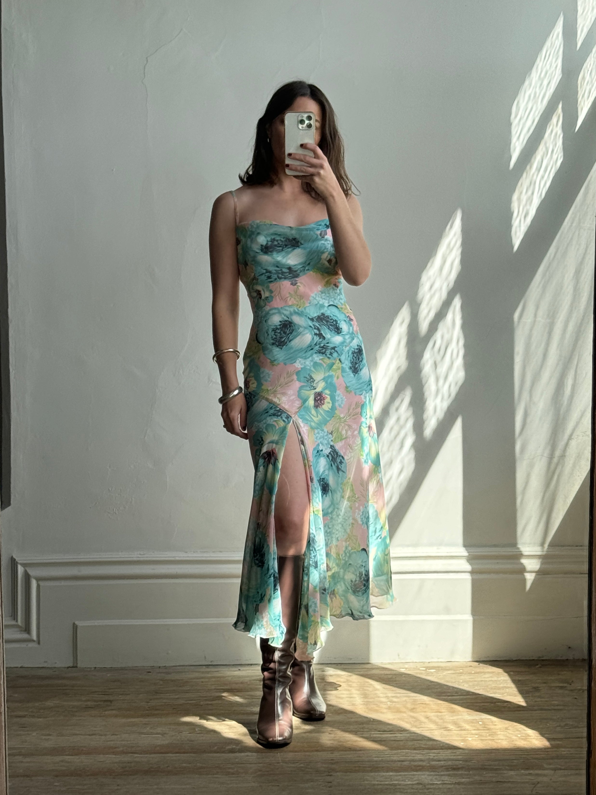 Vintage 90s Peach and Aqua Floral Bias Slip Dress