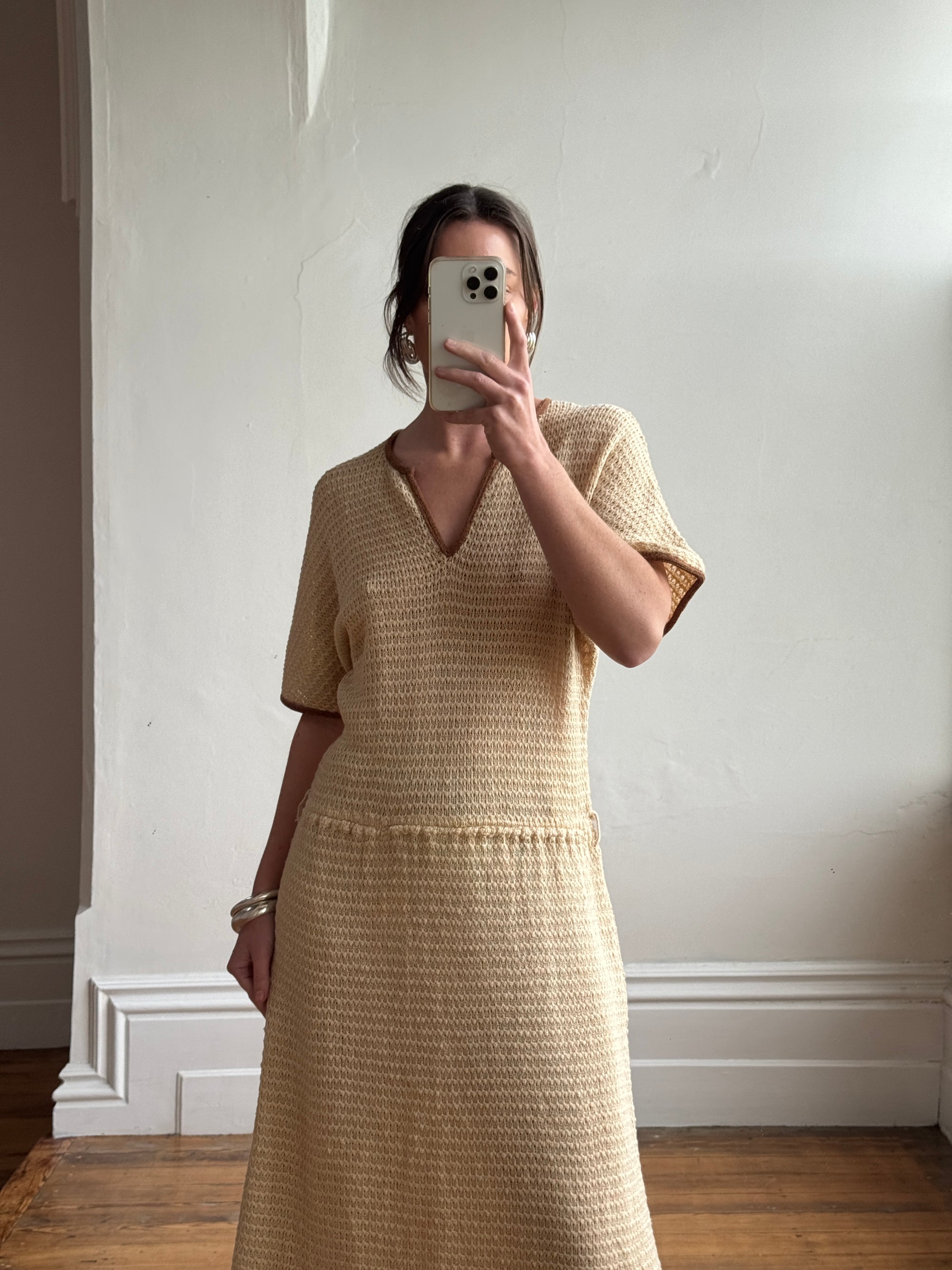 Vintage 70s Silk Blend Crochet Knit Drop Waist Maxi Dress